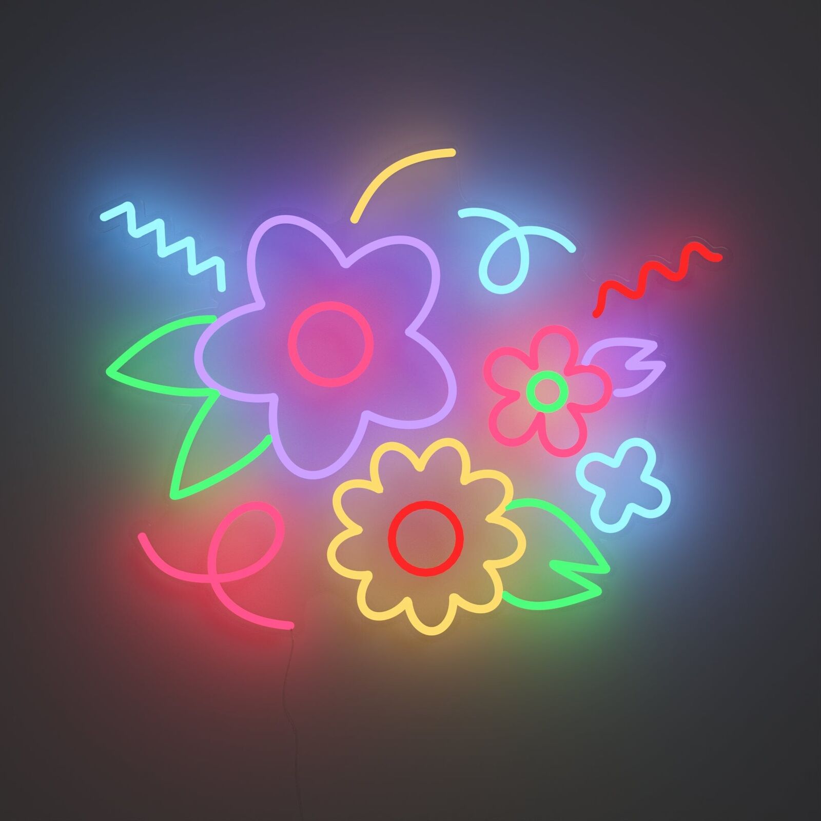 A neon sign with a bunch of flowers on it.
