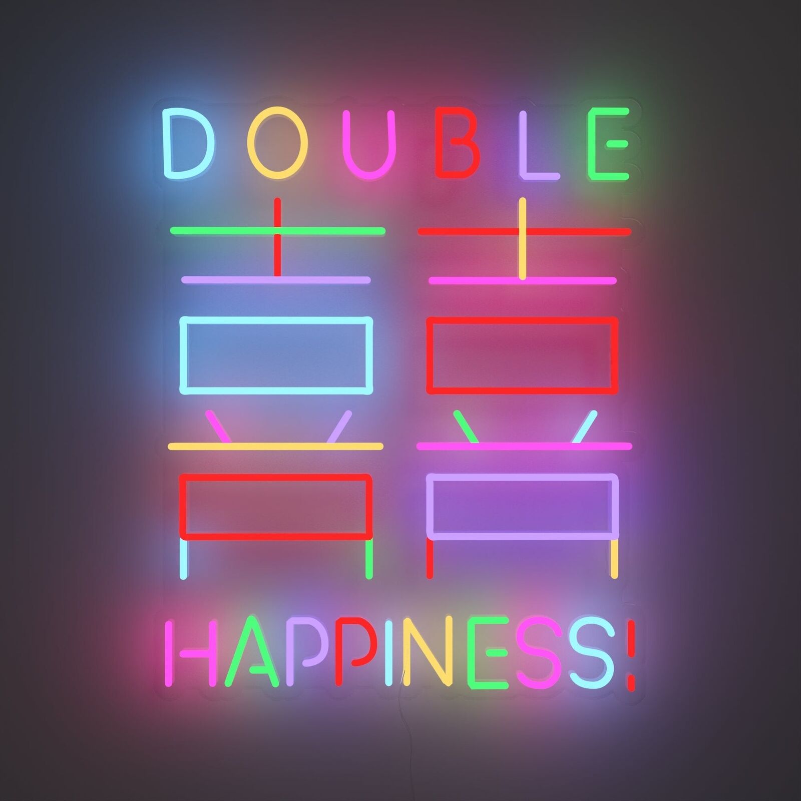 A neon sign that says double happiness on a black background.