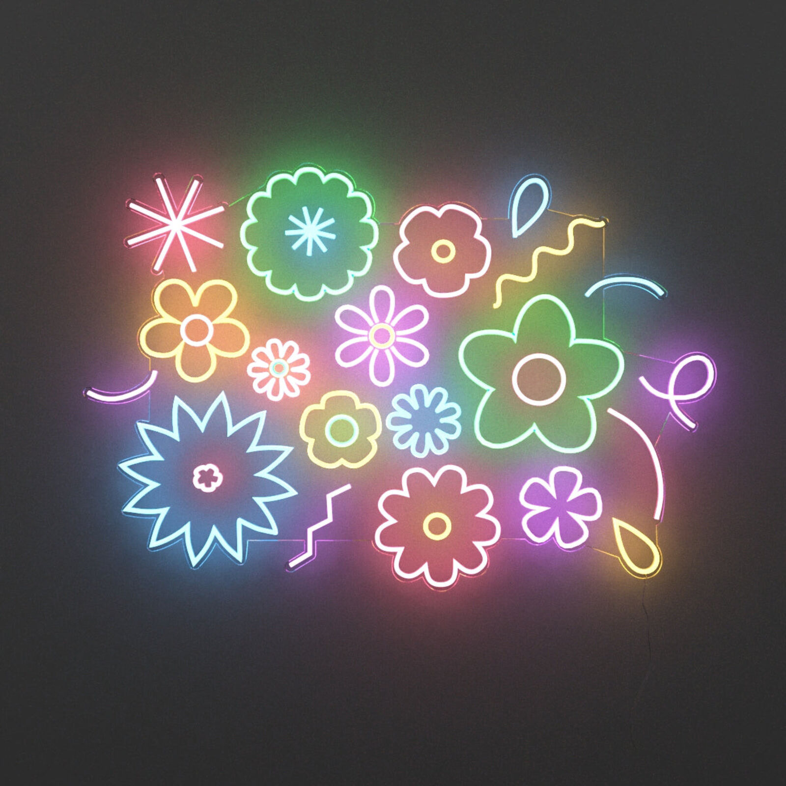 A neon sign with a bunch of flowers on it.