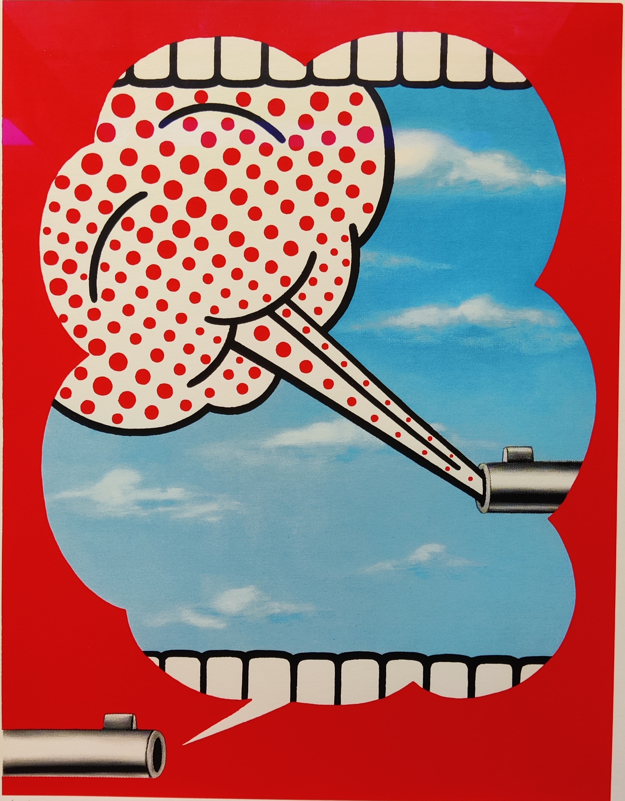 A red and white poster with a toothbrush sticking out of it.