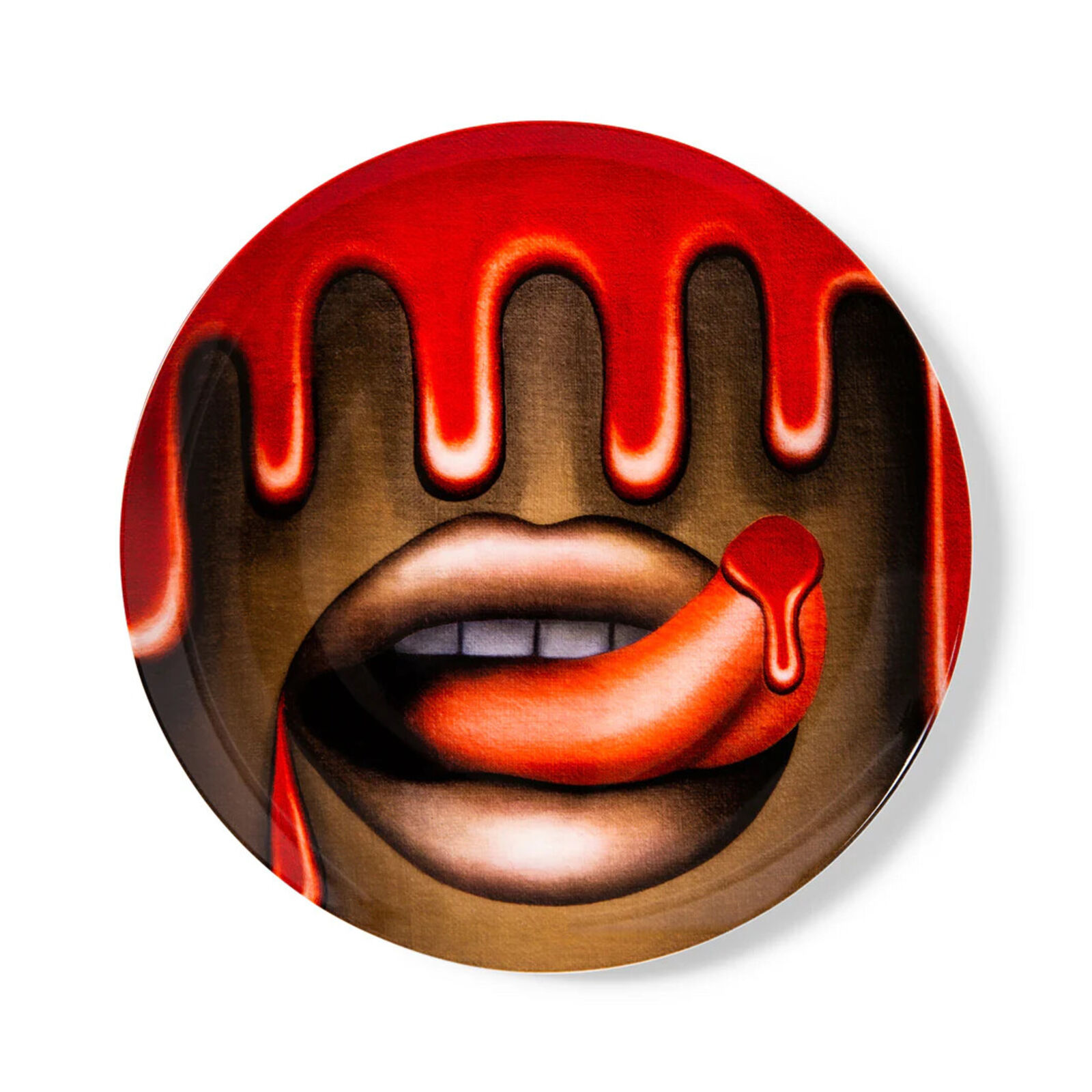 A plate with a hot dog sticking out of it's mouth.