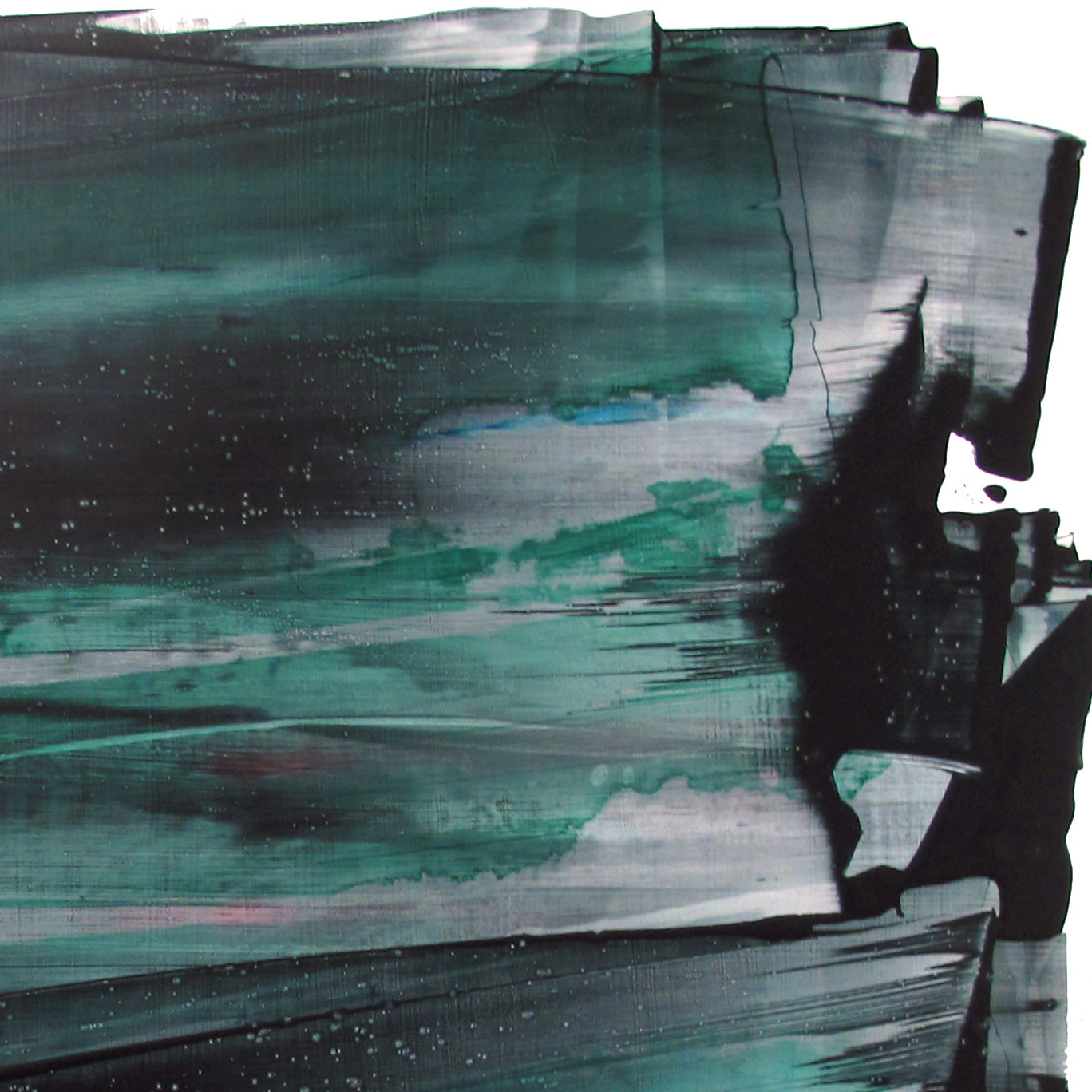 A black and green painting on a white wall.