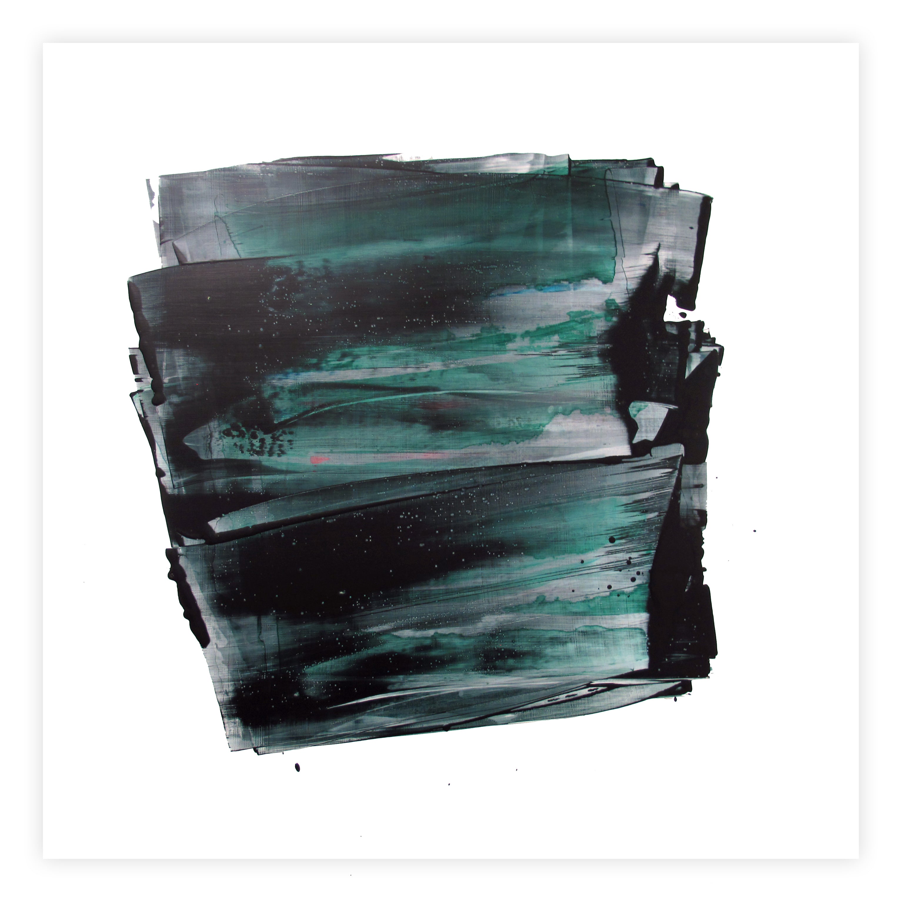A black and green painting on a white wall.