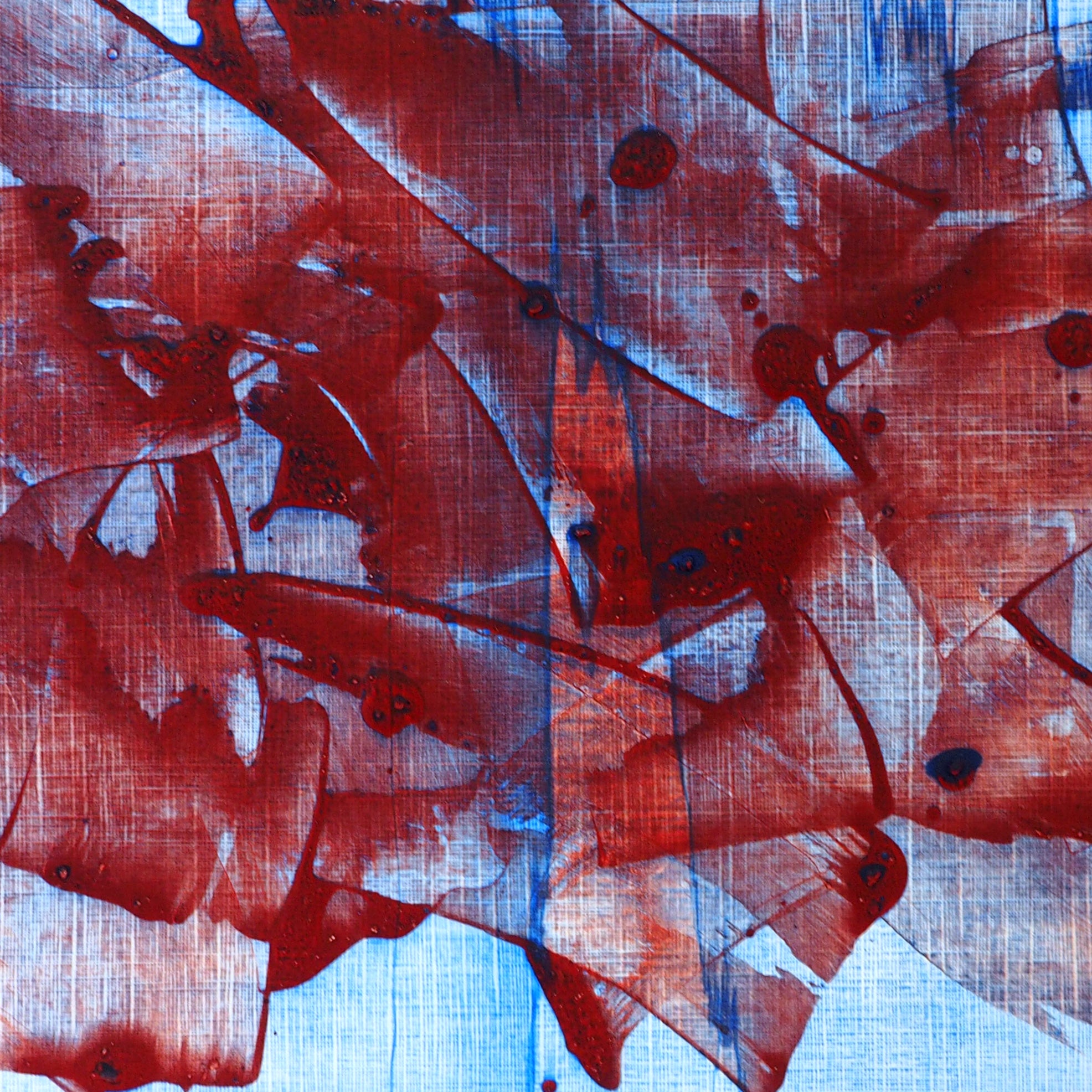 A blue and red painting on a white background.