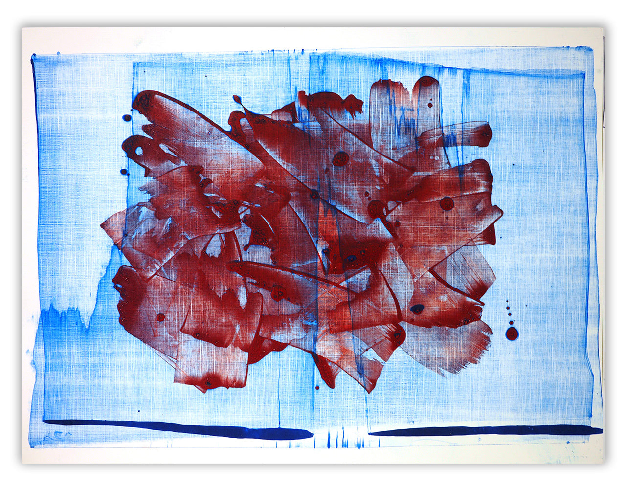 A blue and red painting on a white background.