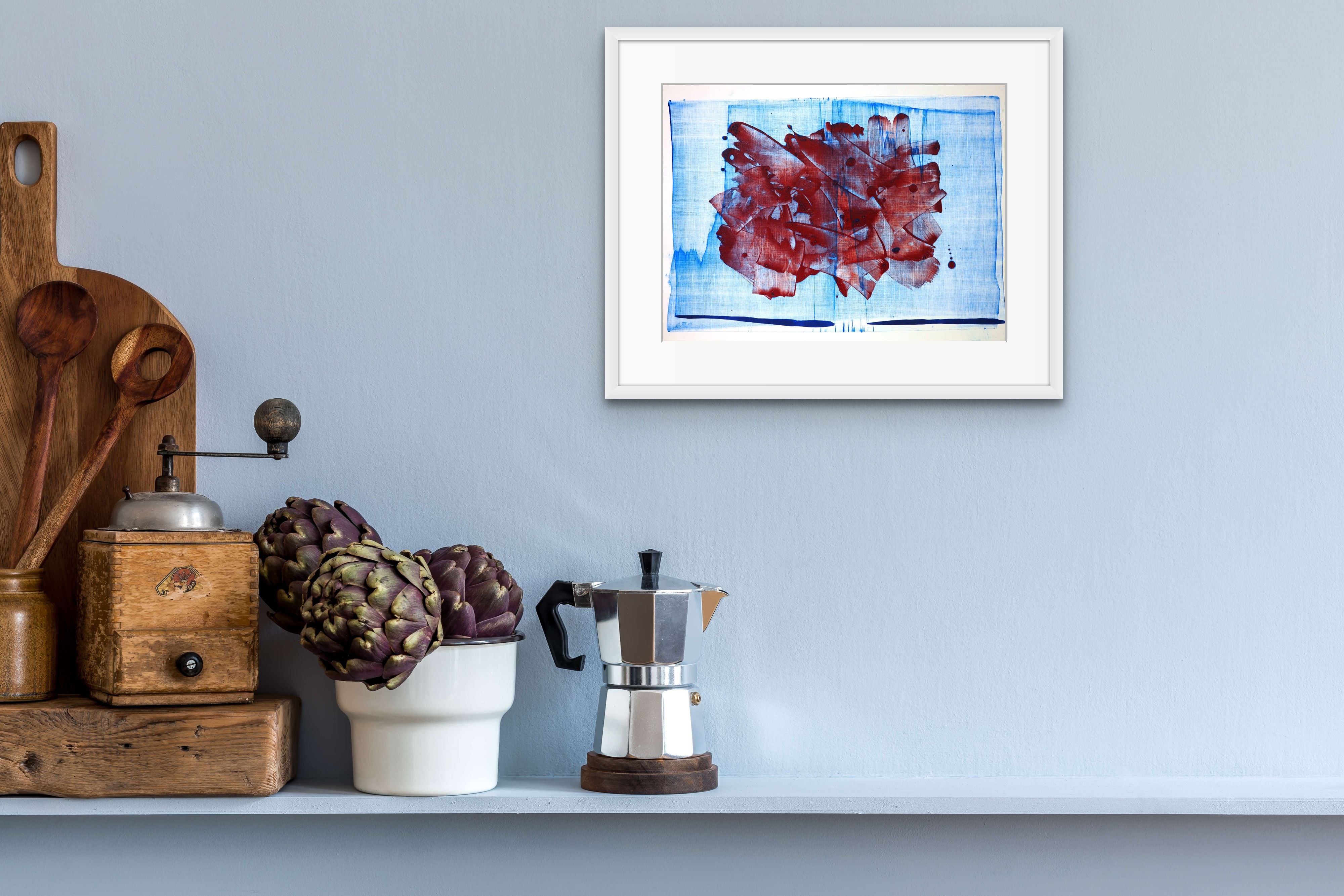 A blue and red painting on a white background.