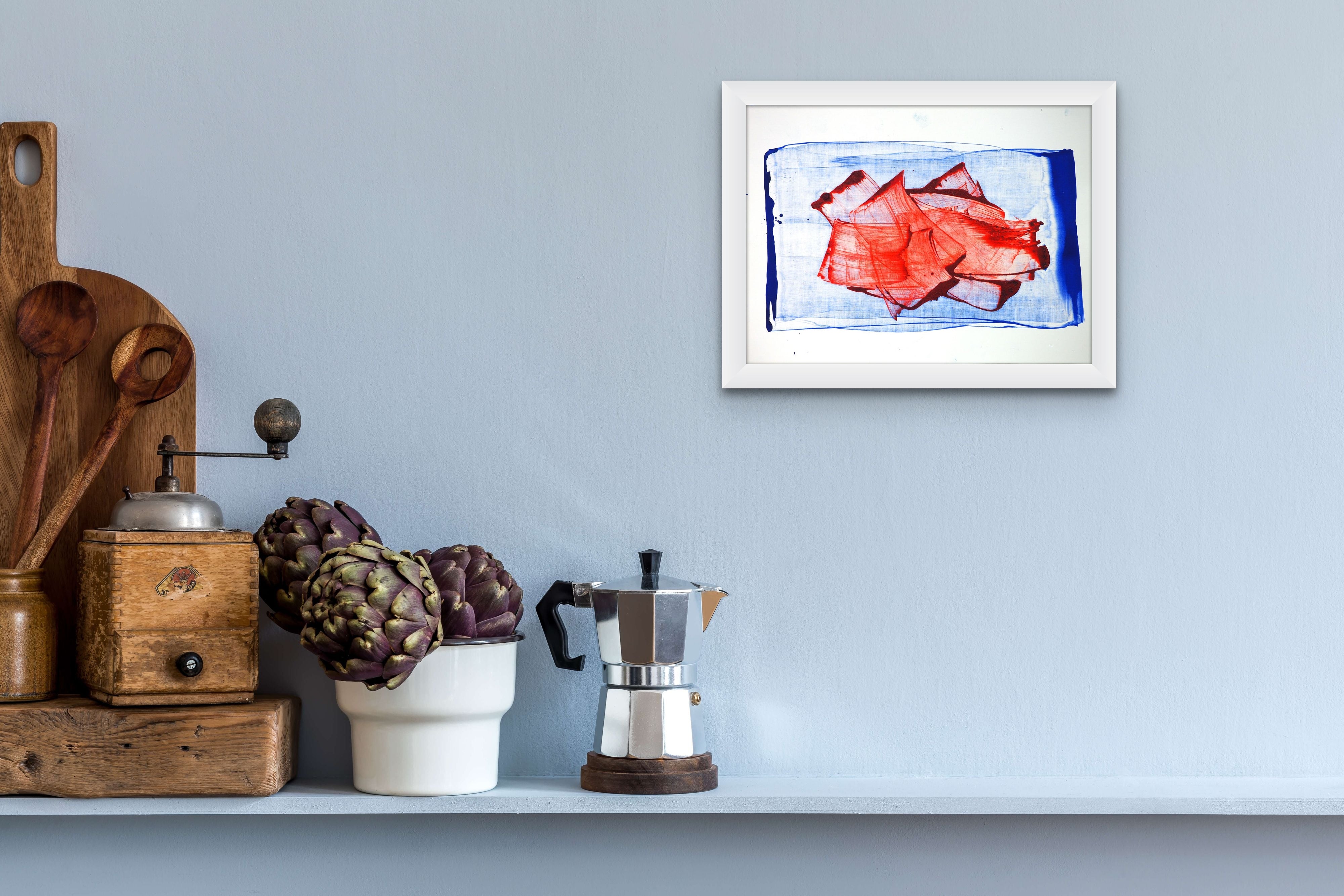 A red and blue painting on a white background.