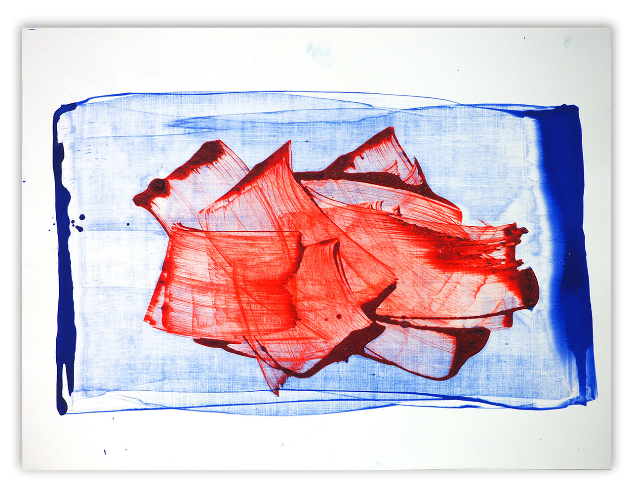 A red and blue painting on a white background.