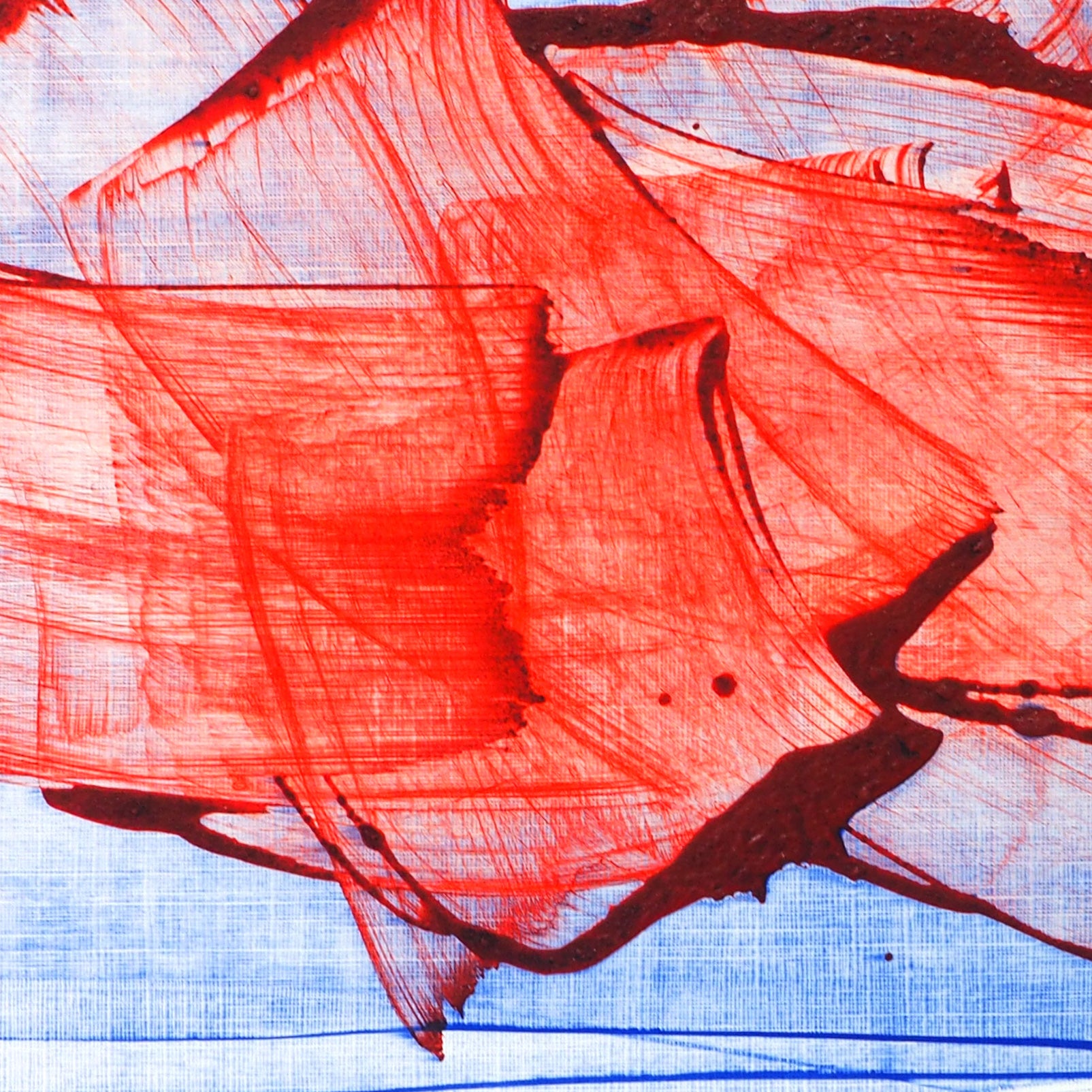 A red and blue painting on a white background.