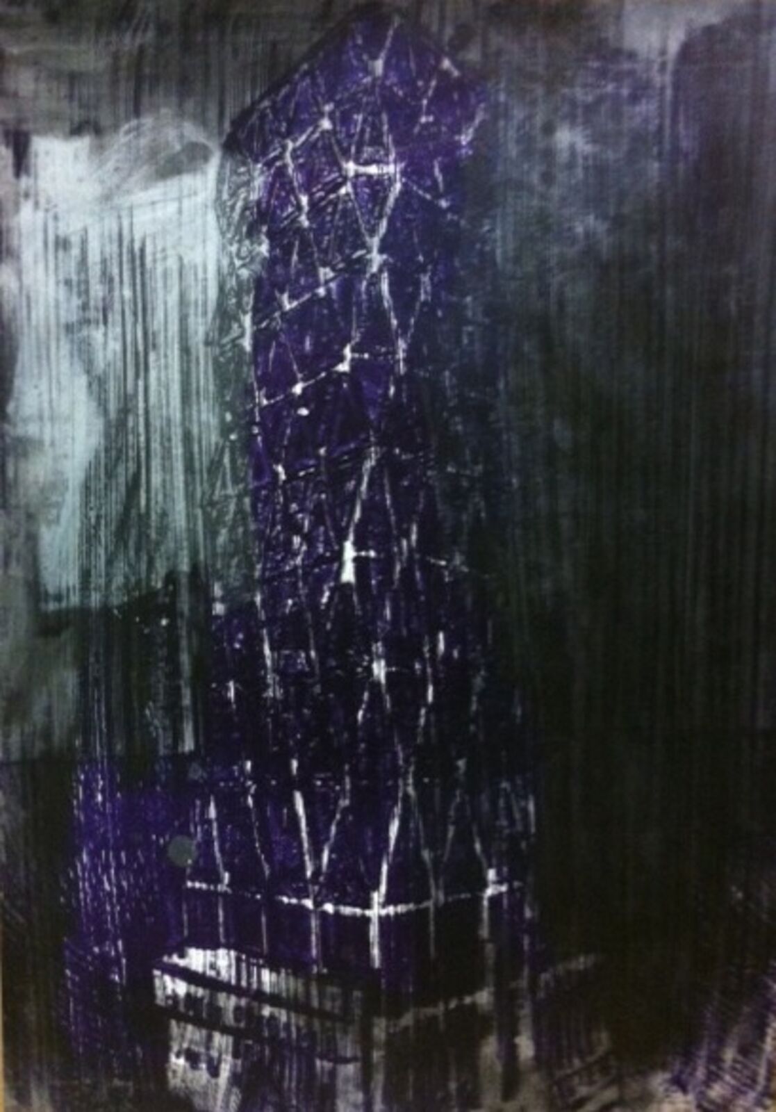 A painting of a tall building in the rain.