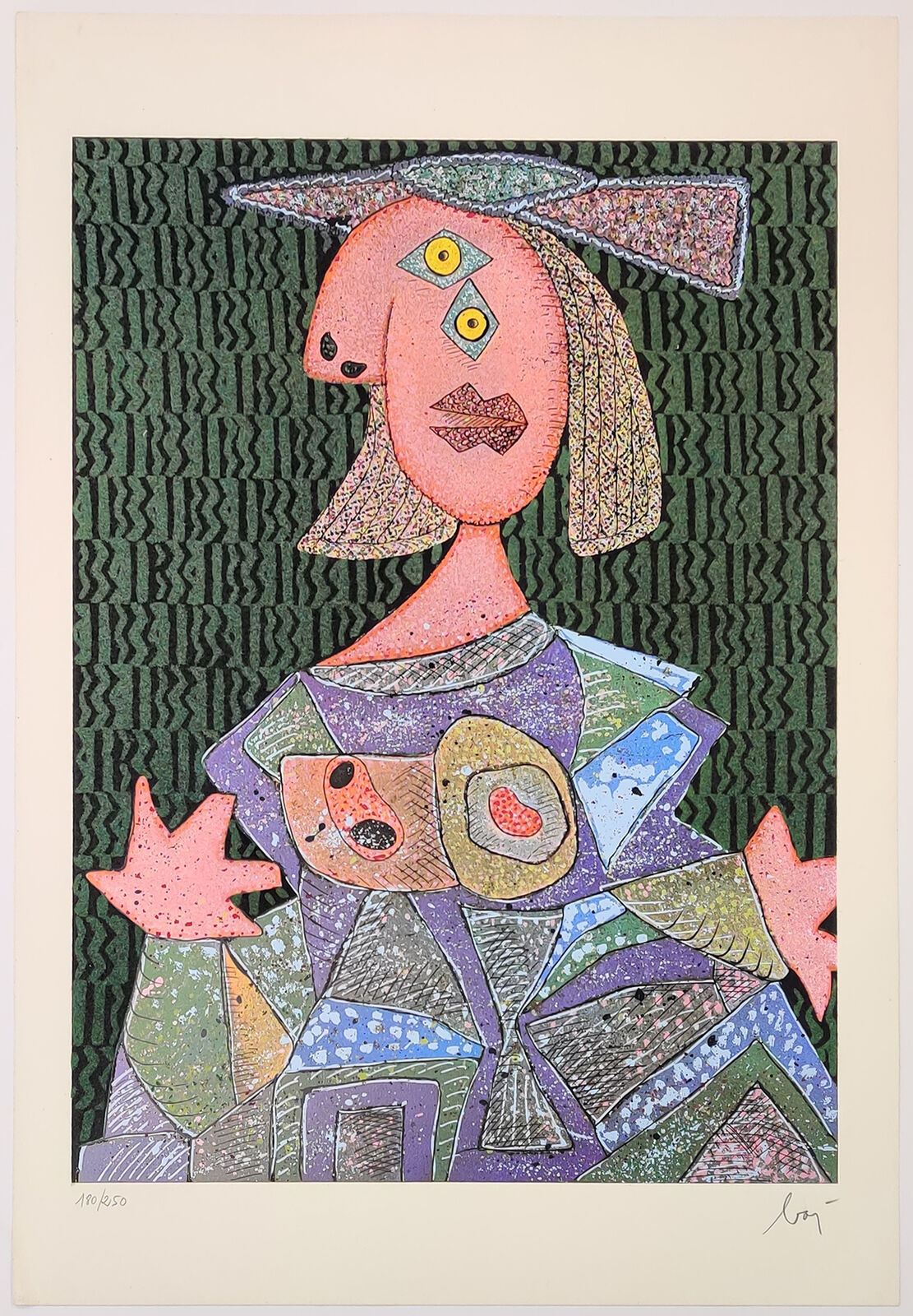 Artwork by Enrico Baj, FEMME ASSISE, Made of Silkscreen With Felt And Glitter 