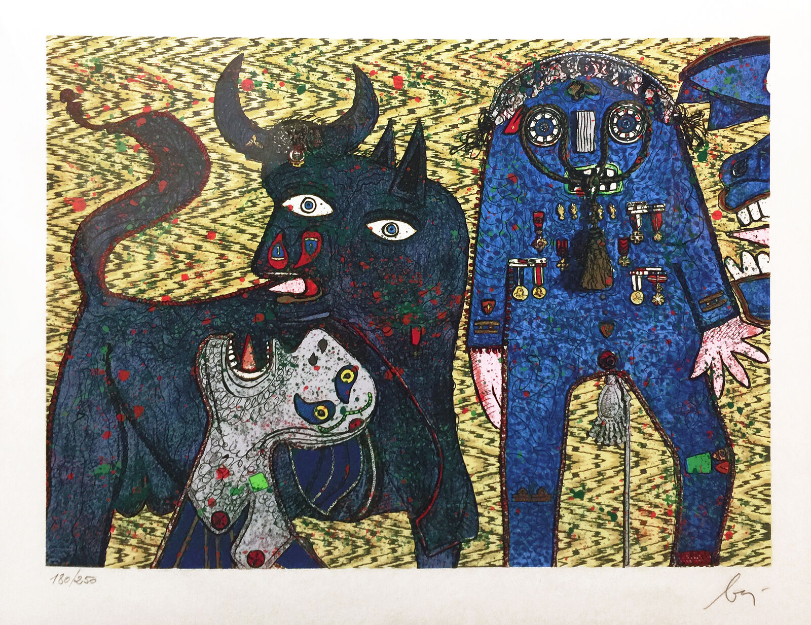 Artwork by Enrico Baj, GUERNICA, Made of Silkscreen With Felt And Glitter 