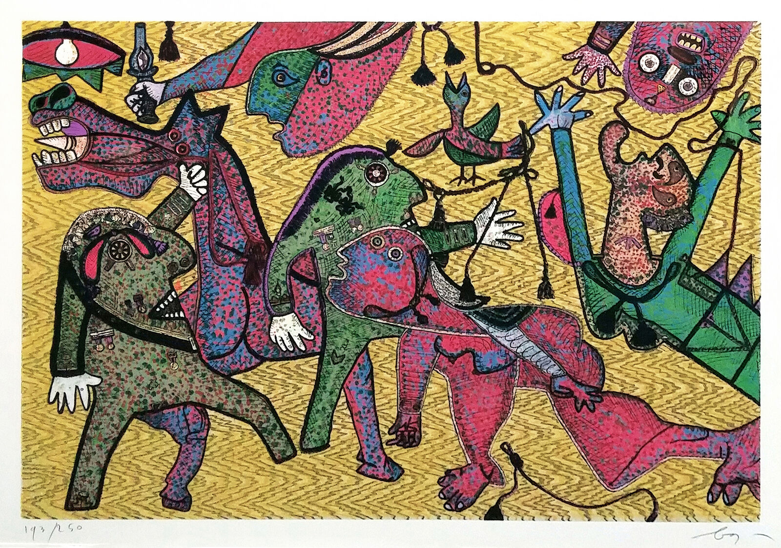 a painting of a group of people on a yellow background