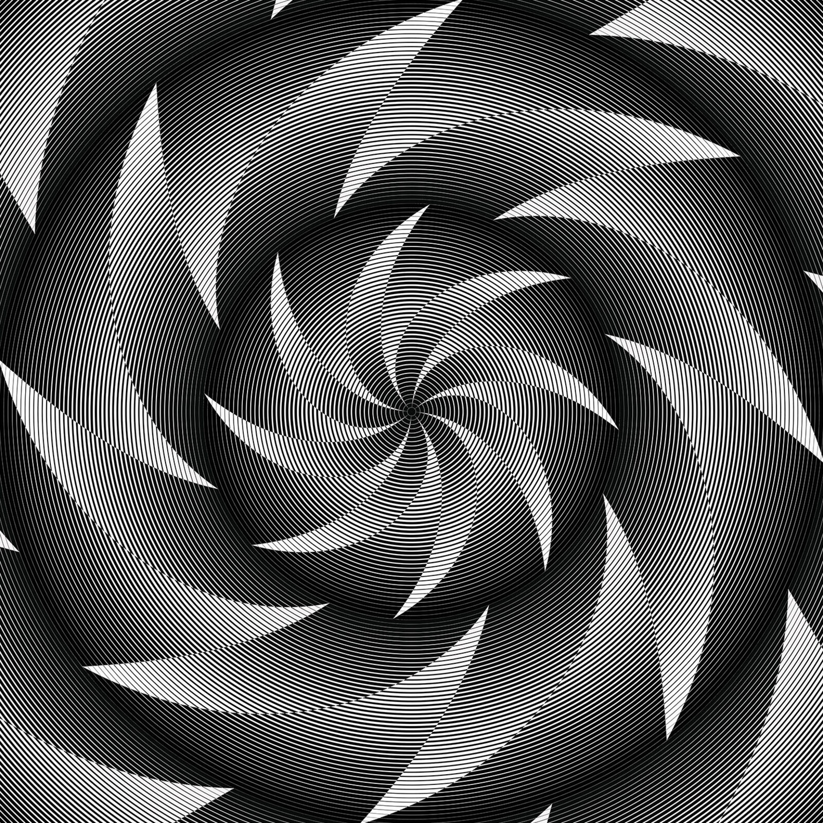 A black and white spiral design on a red background.
