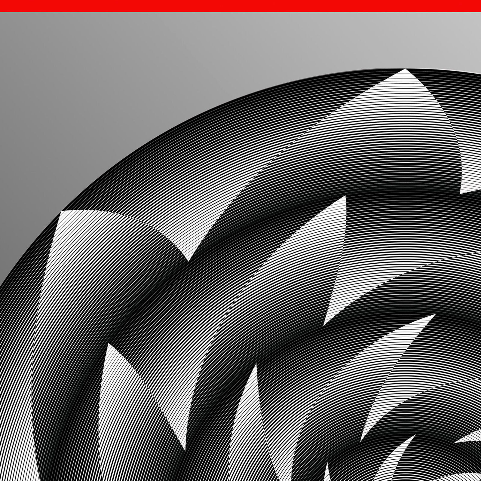 A black and white spiral design on a red background.