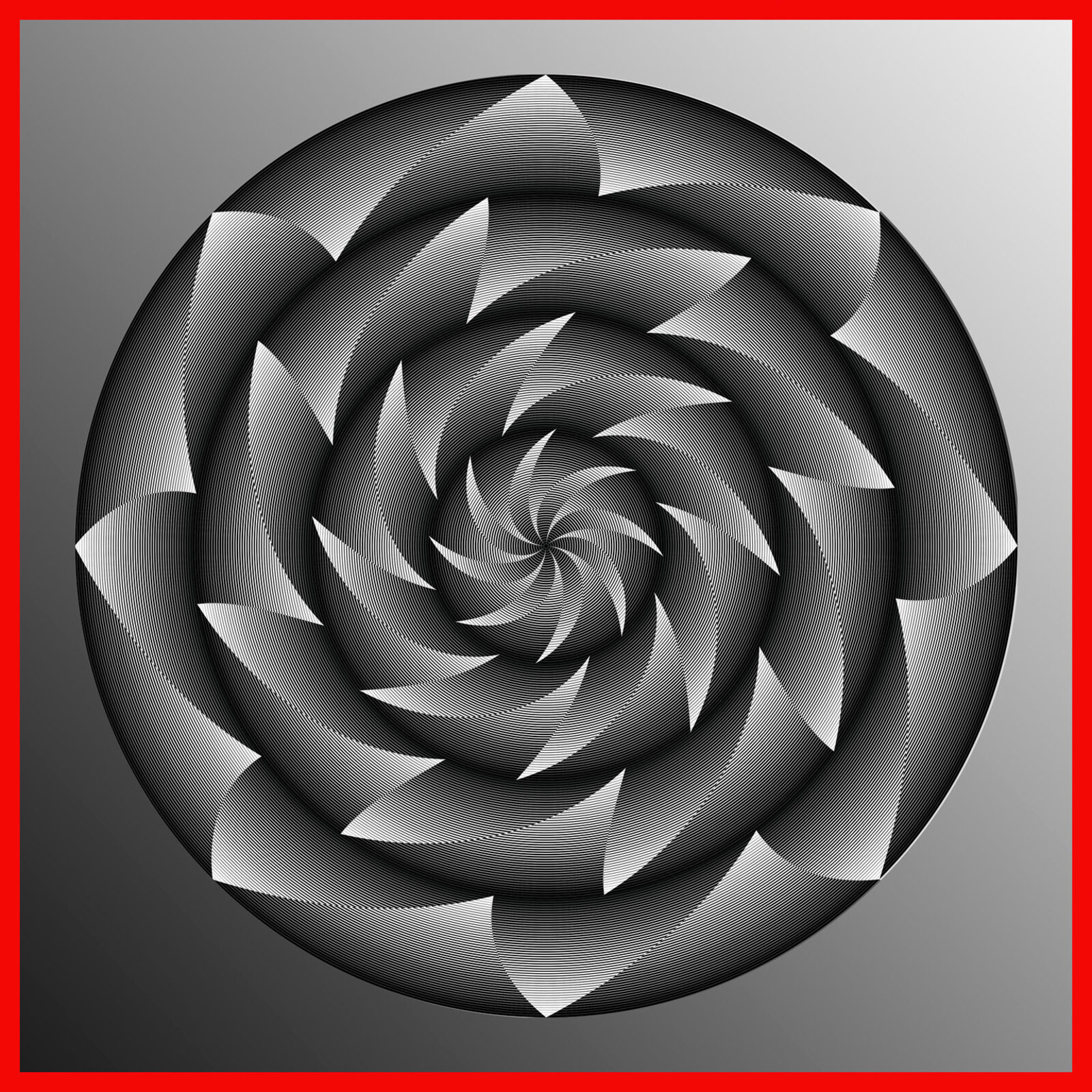 A black and white spiral design on a red background.