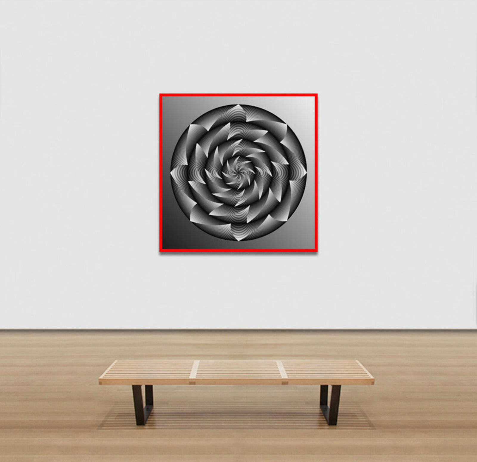 A black and white spiral design on a red background.