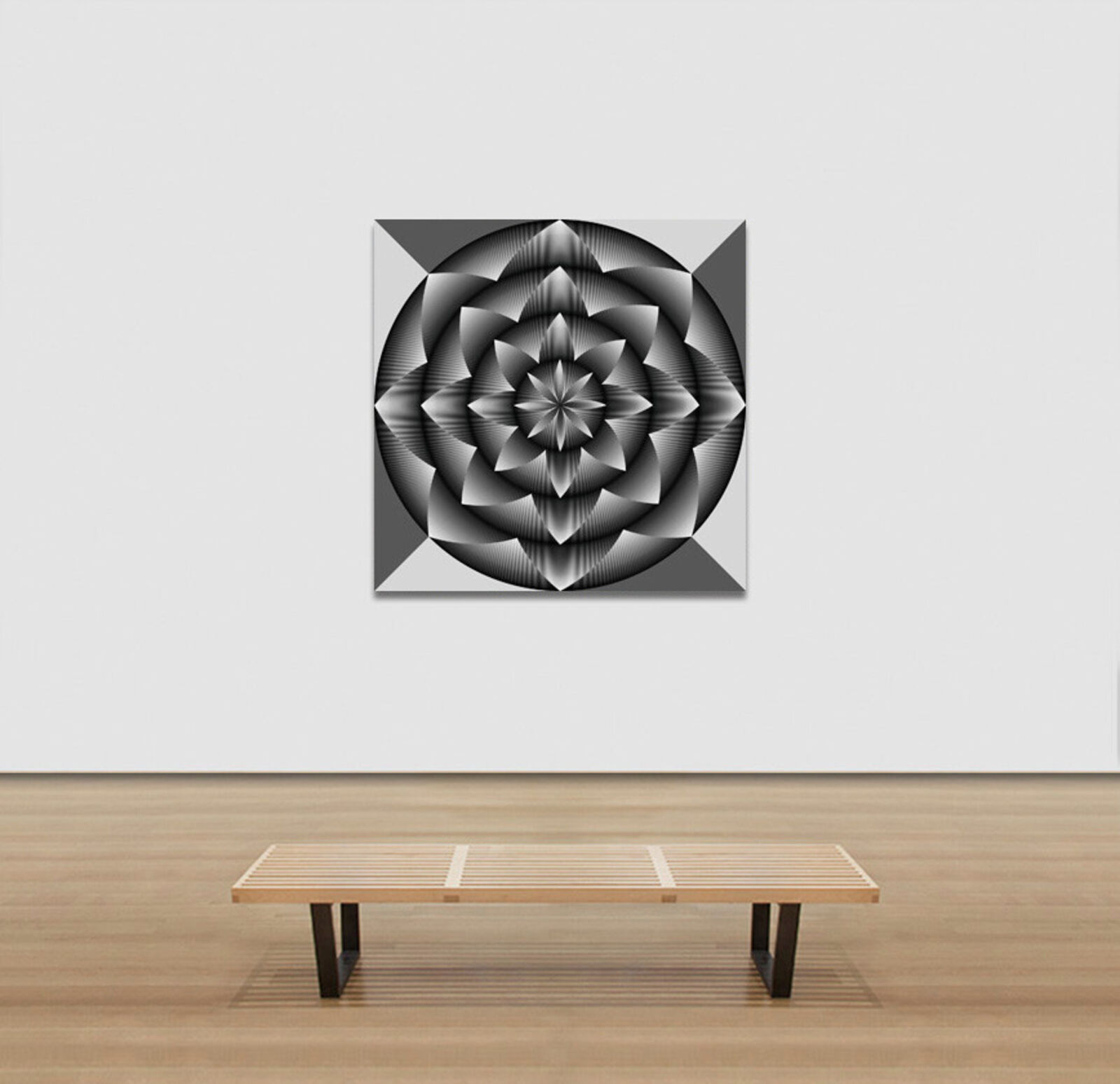 A black and white image of a flower of life.