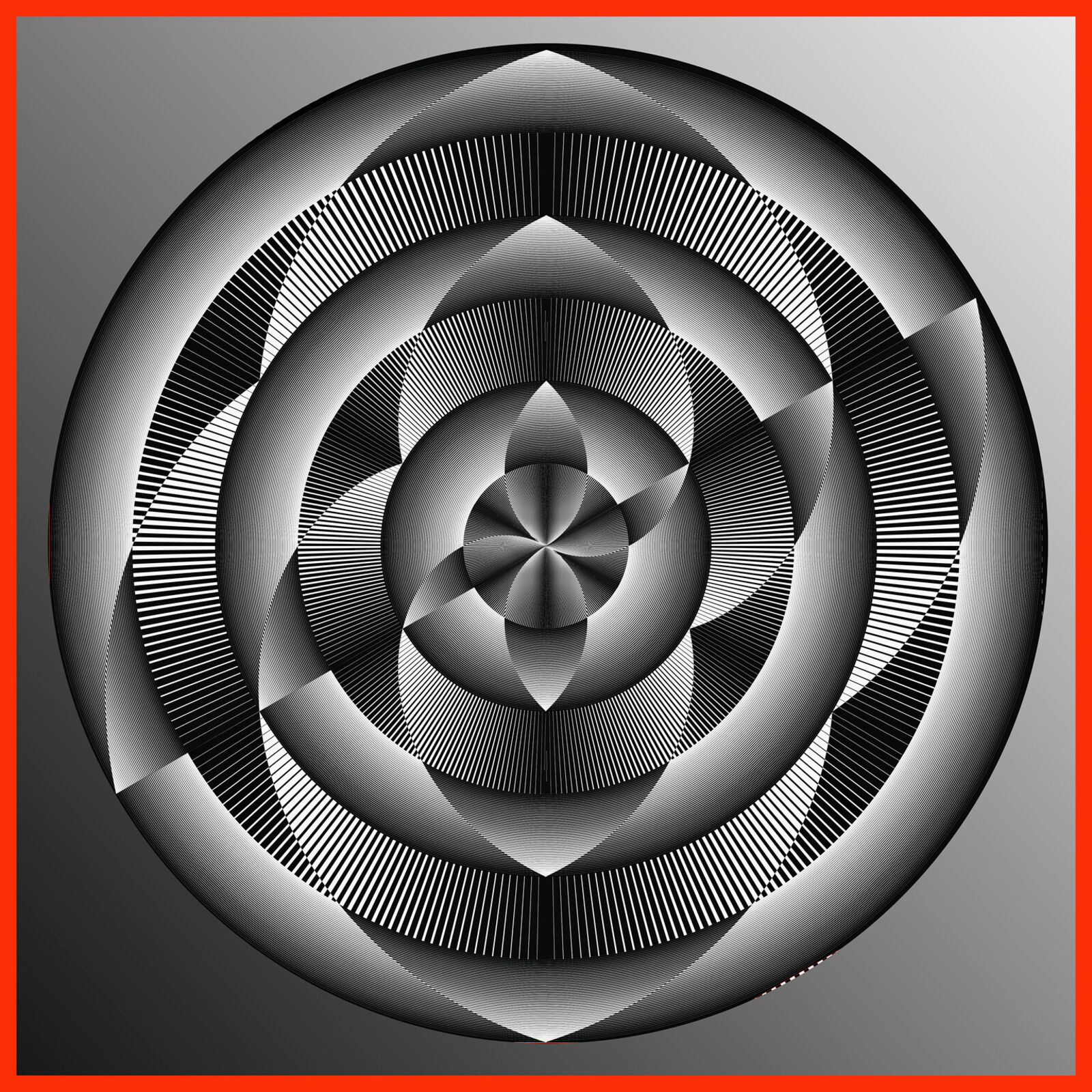 A black and white image of a circular design on a red background.