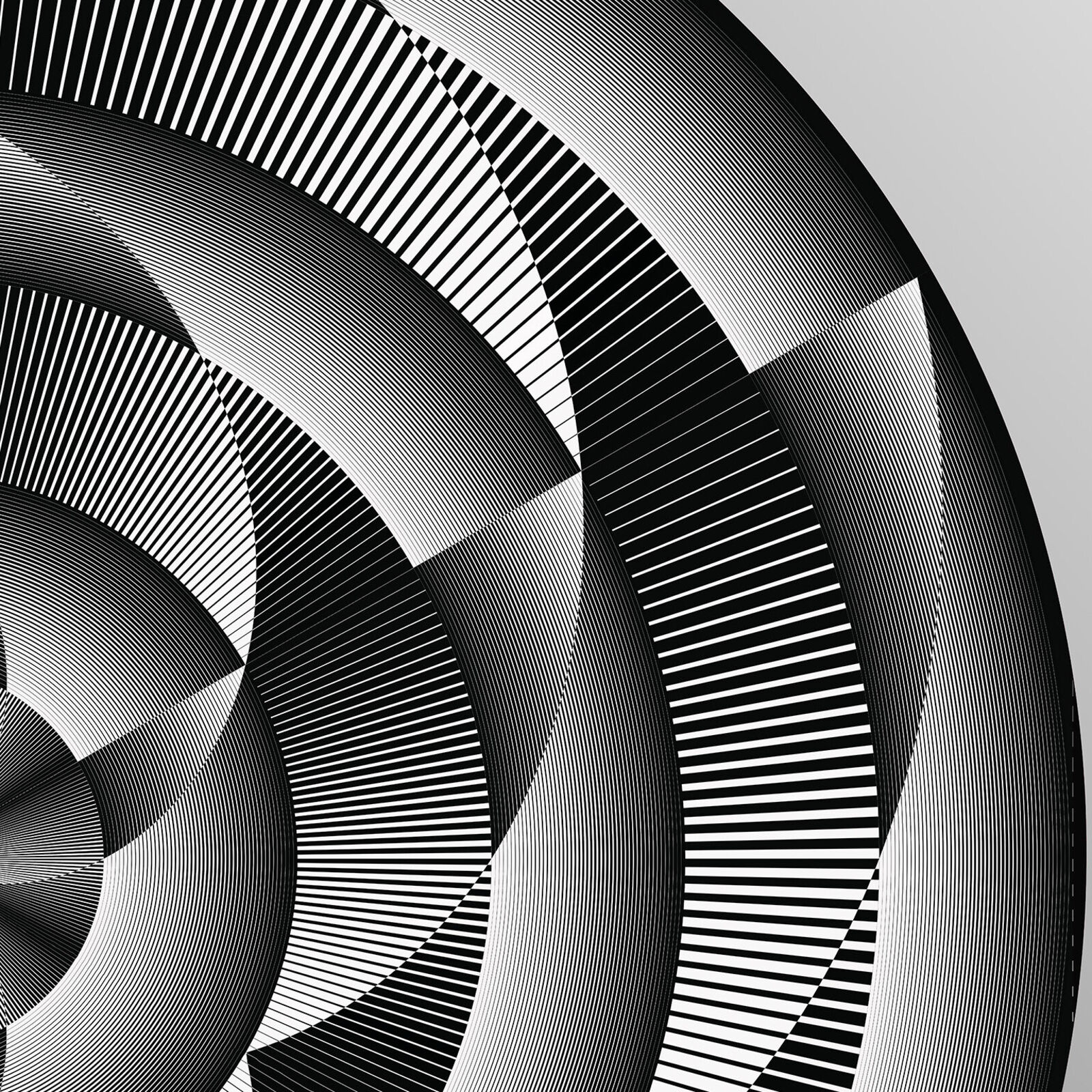 A black and white image of a circular design on a red background.