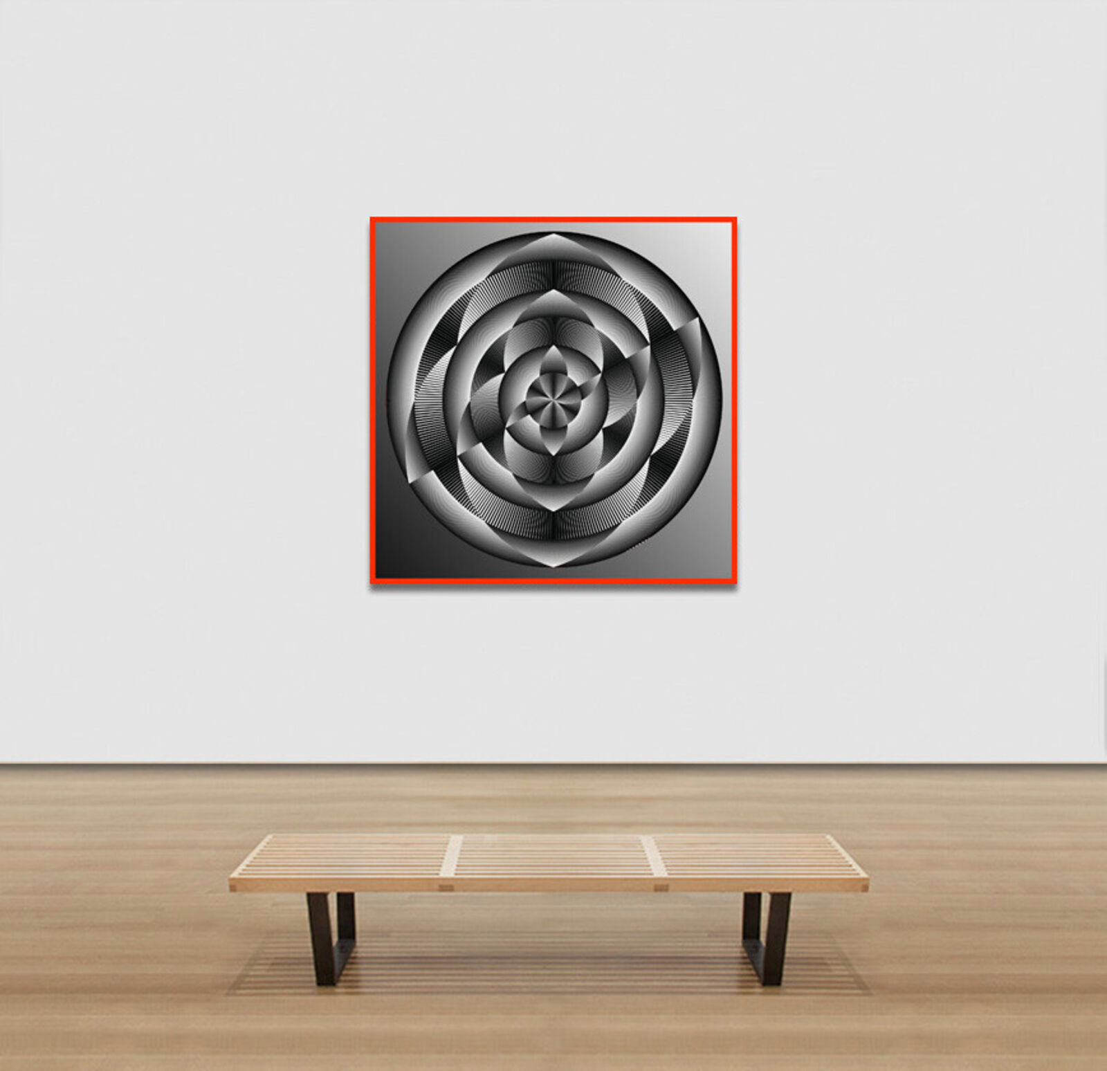 A black and white image of a circular design on a red background.