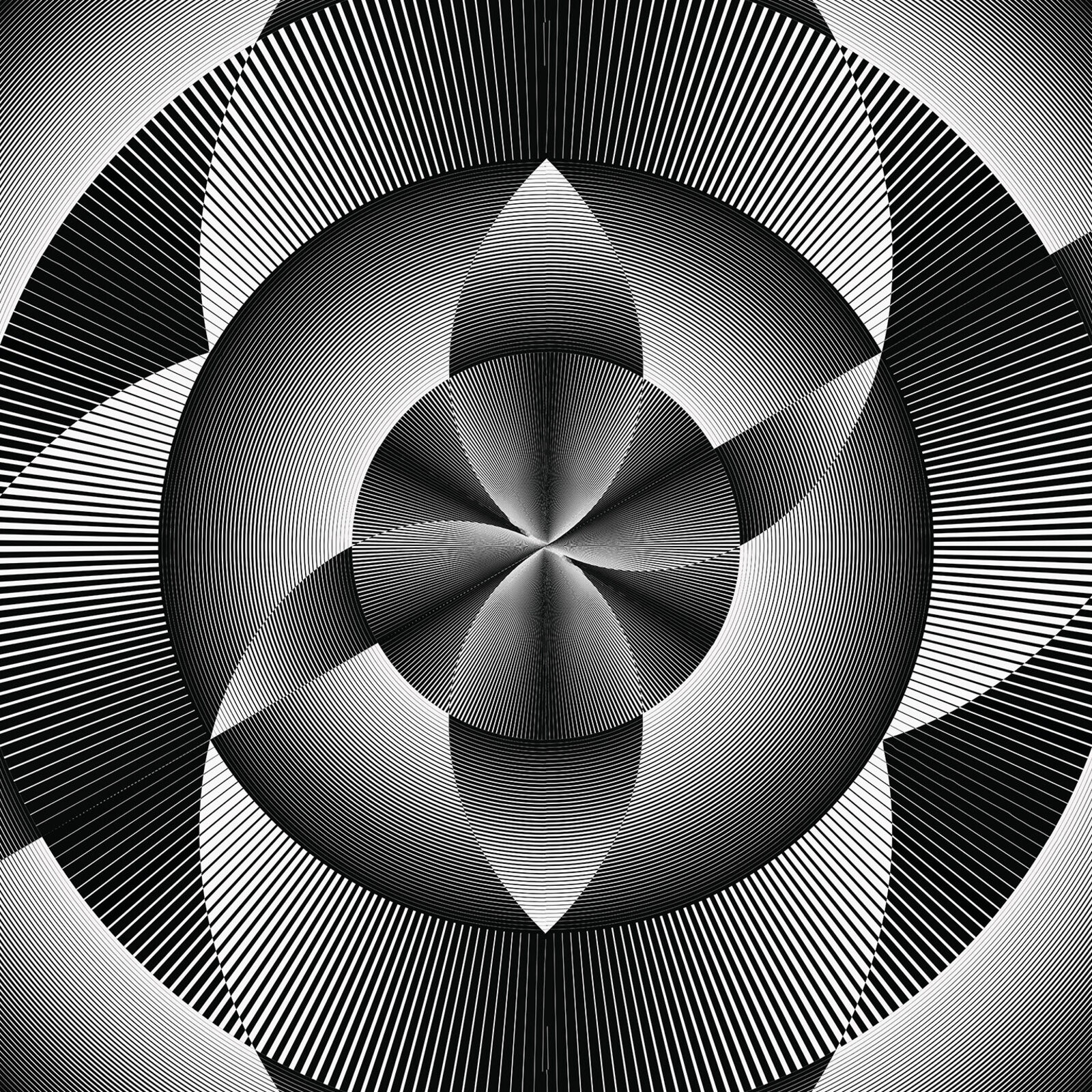 A black and white image of a circular design on a red background.