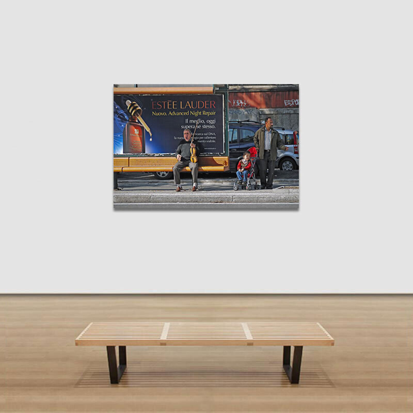 Artwork by Enzo Ragazzini, Waiting for Godot - Rome, Bus Stop with Violinist and Estée Lauder Ad, Made of Archival Giclée Pigment Print on Archival Paper 