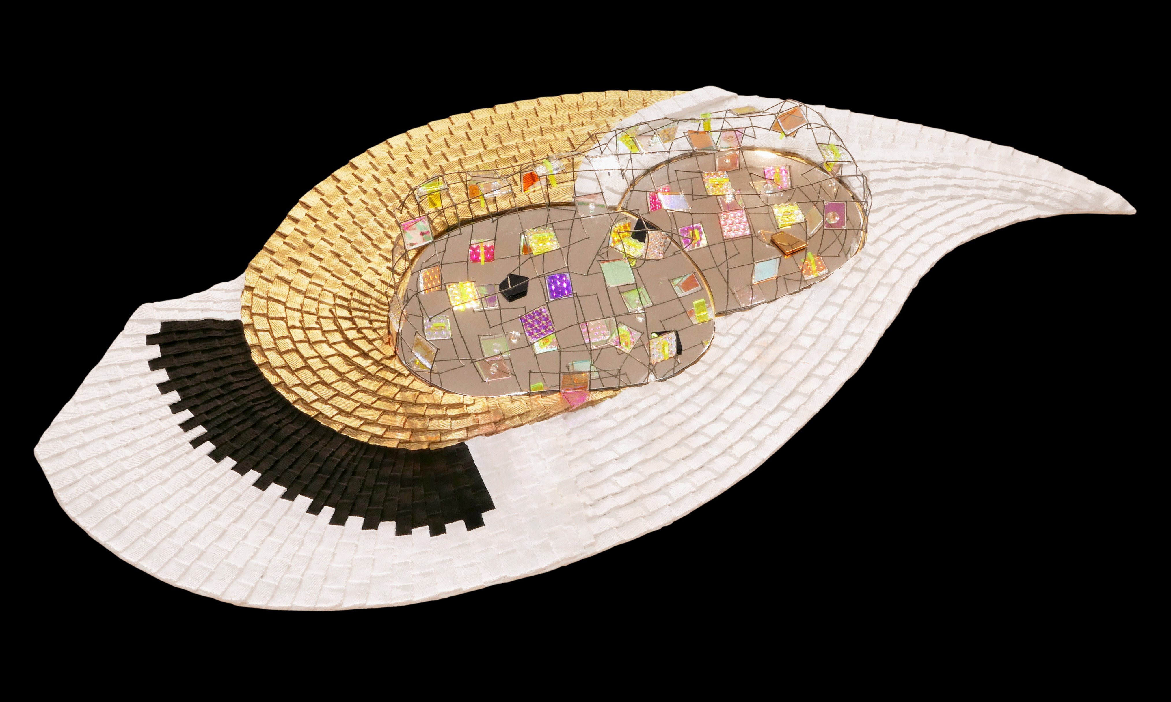 A white hat with a mirror ball on top of it.