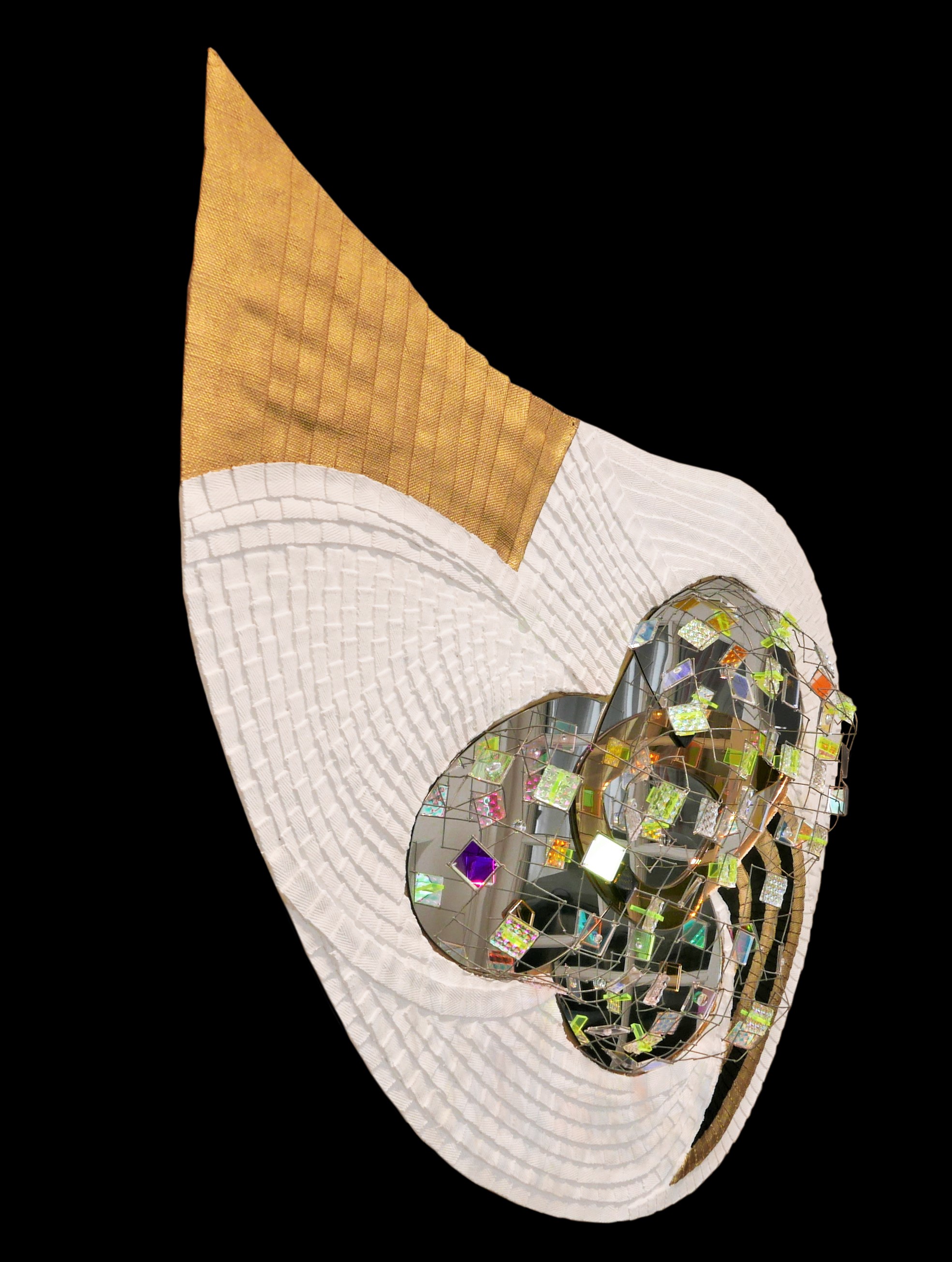 A white hat with a gold band and a mosaic design.