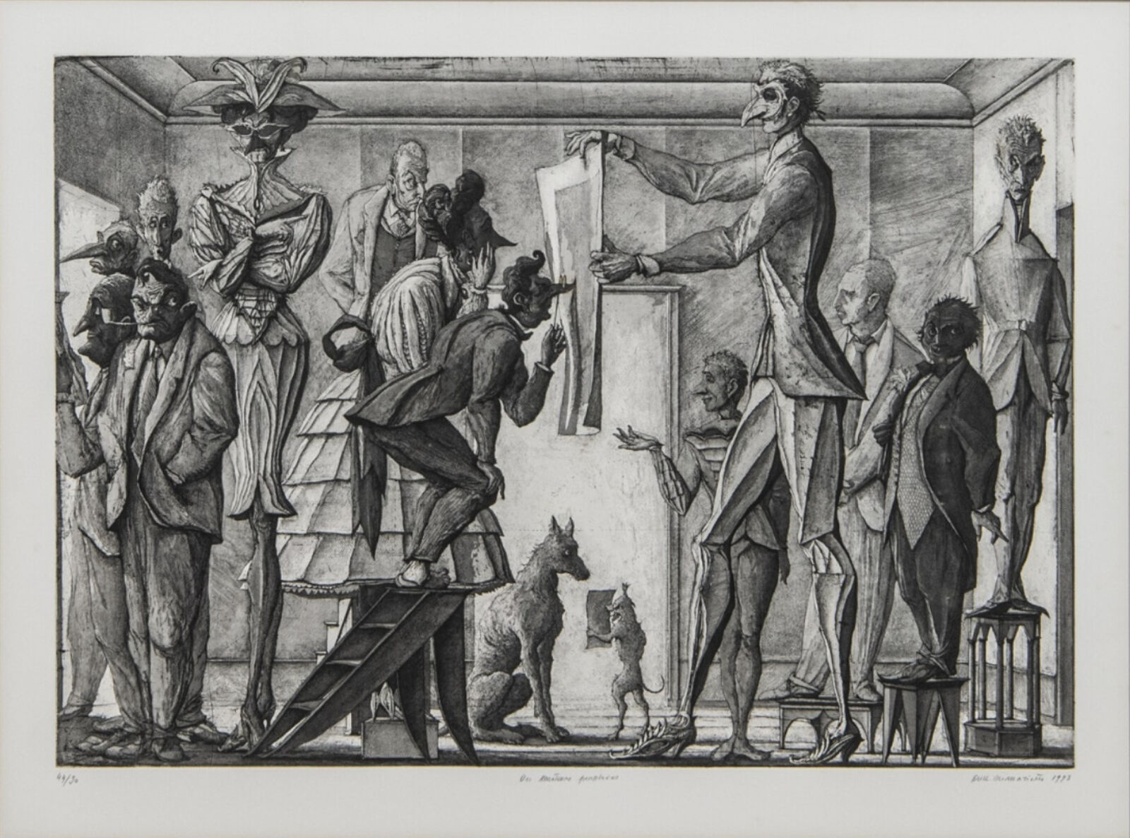 A crowded black-and-white etching of a surreal gathering featuring elongated figures, a dog, and a rat in a room filled with strange objects.