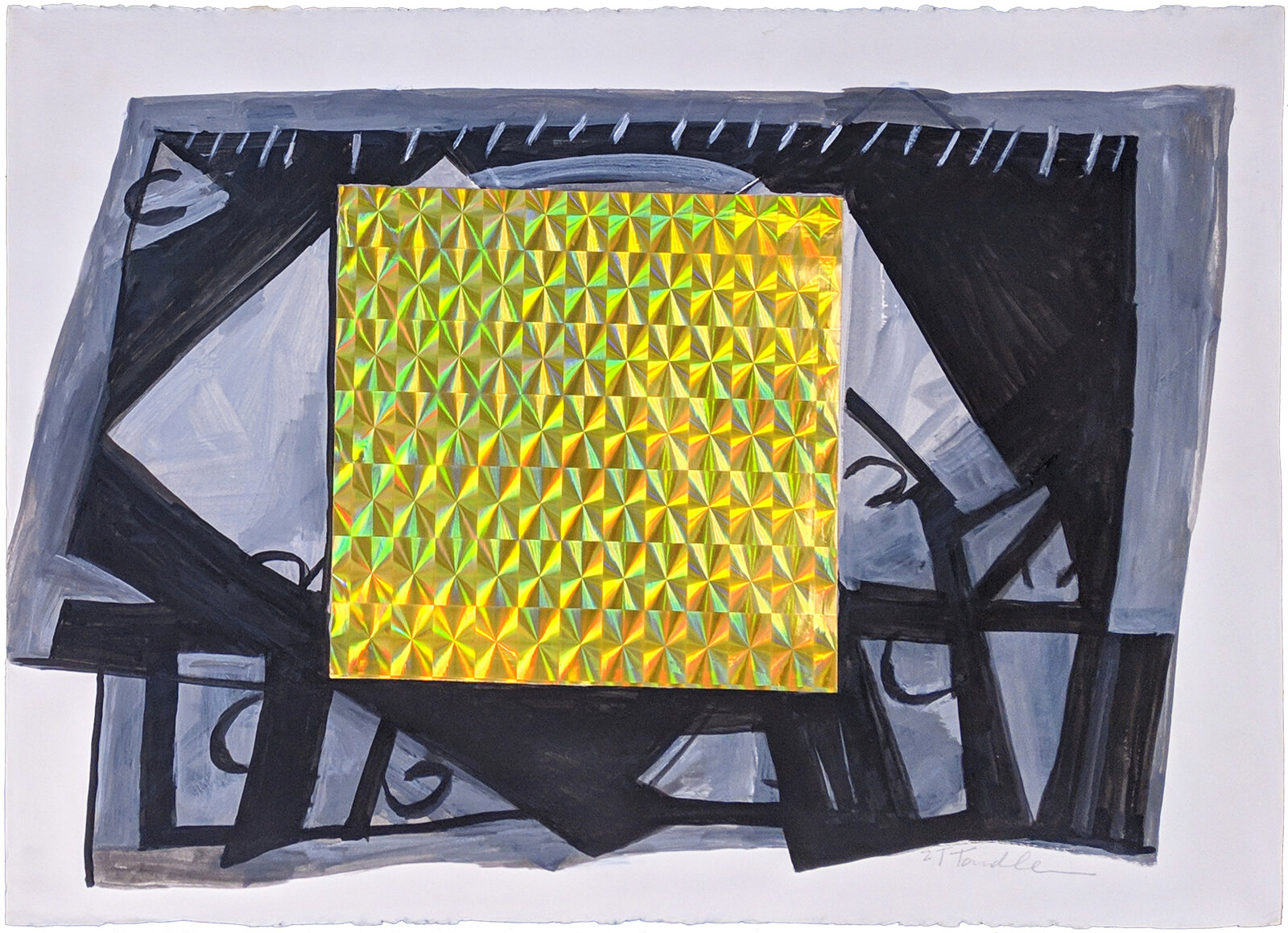 A painting of a yellow and black abstract painting on a white background.