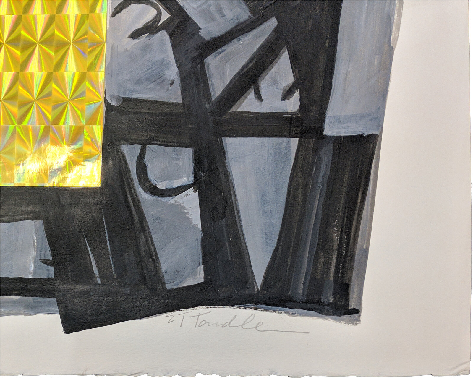 A painting of a yellow and black abstract painting on a white background.