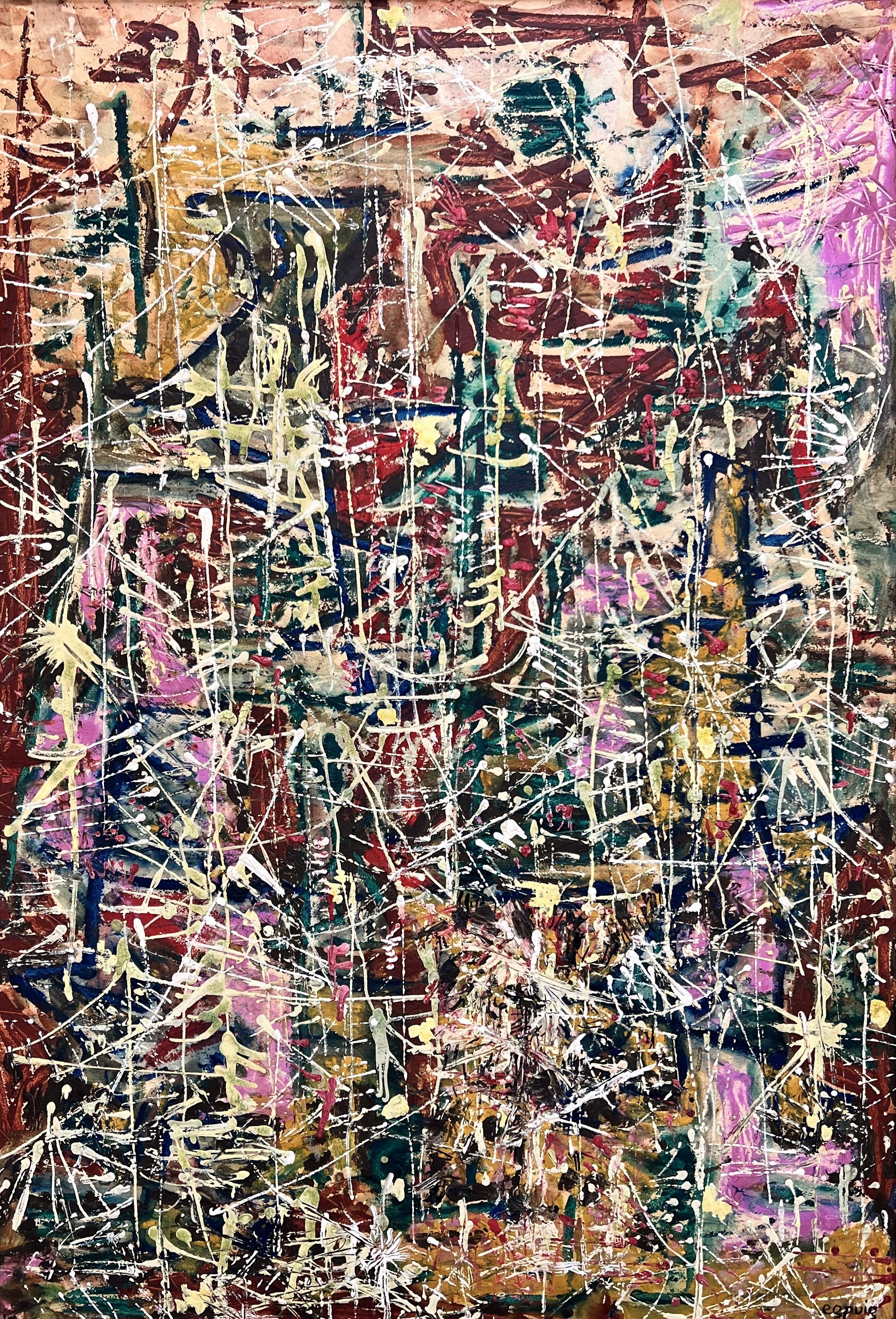 A painting with lots of paint splatters on it. 