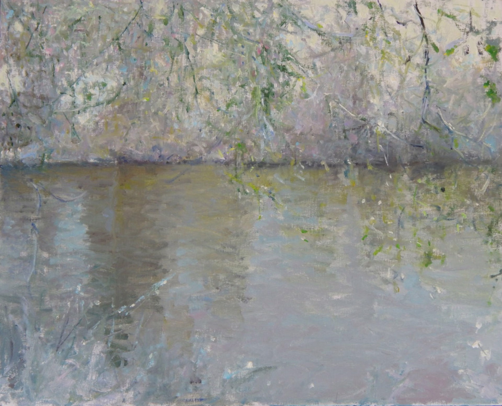 A moody landscape painting of a riverbank with weeping willow branches reflected in the water.