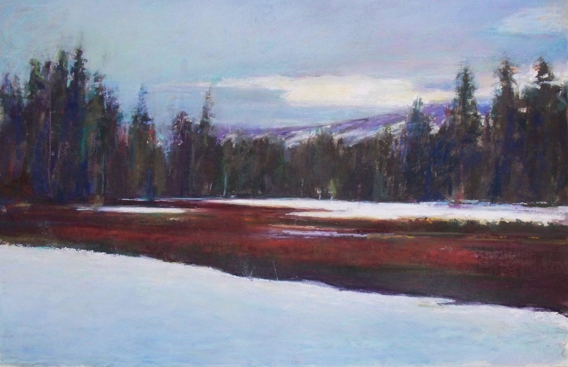 A painting of a snowy landscape with trees in the background.