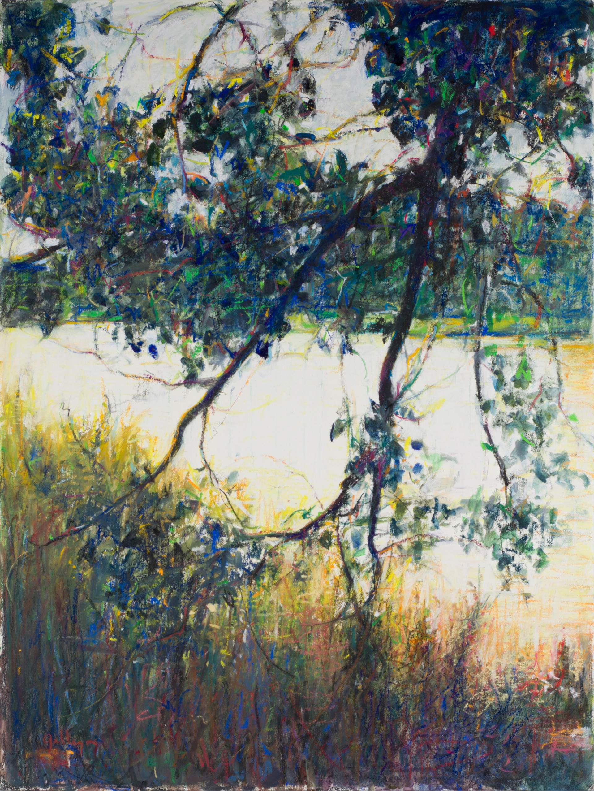A painting of a tree in the middle of a field.