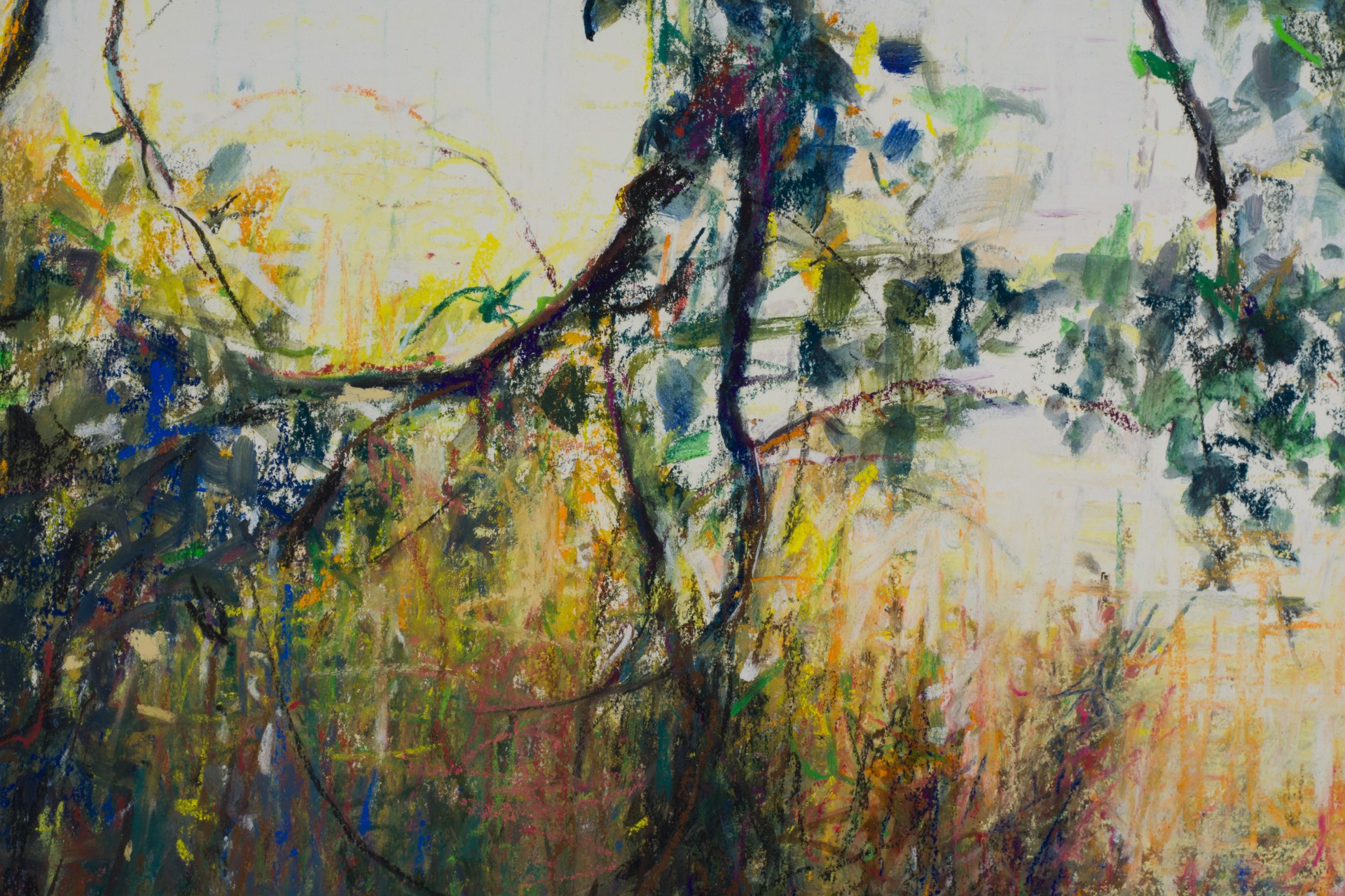 A painting of a tree in the middle of a field.