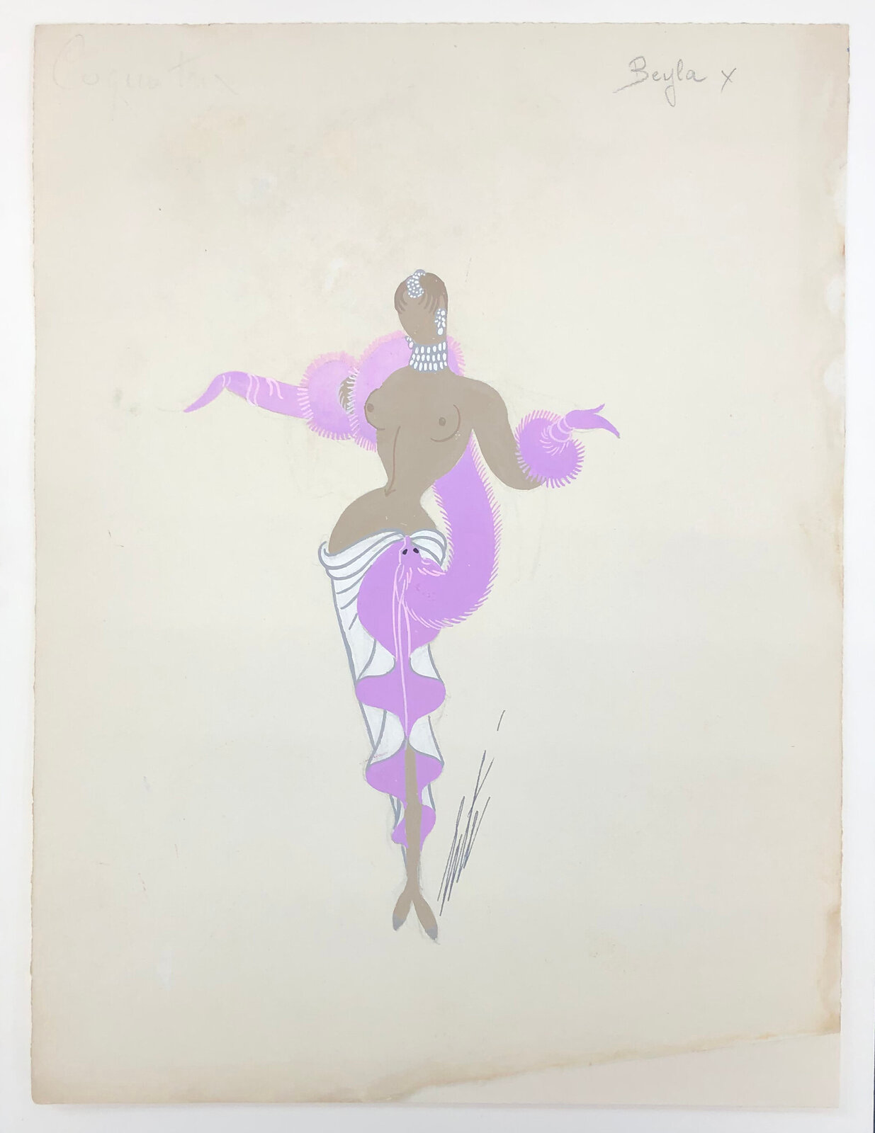 A drawing of a woman in a purple dress.