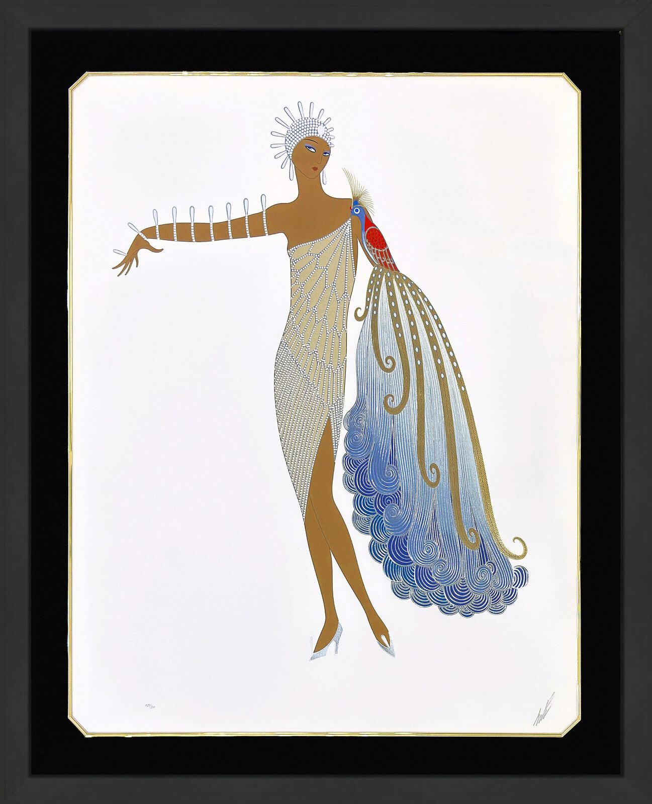 A pair of framed prints featuring stylized figures in elegant dresses with peacock-feather motifs.