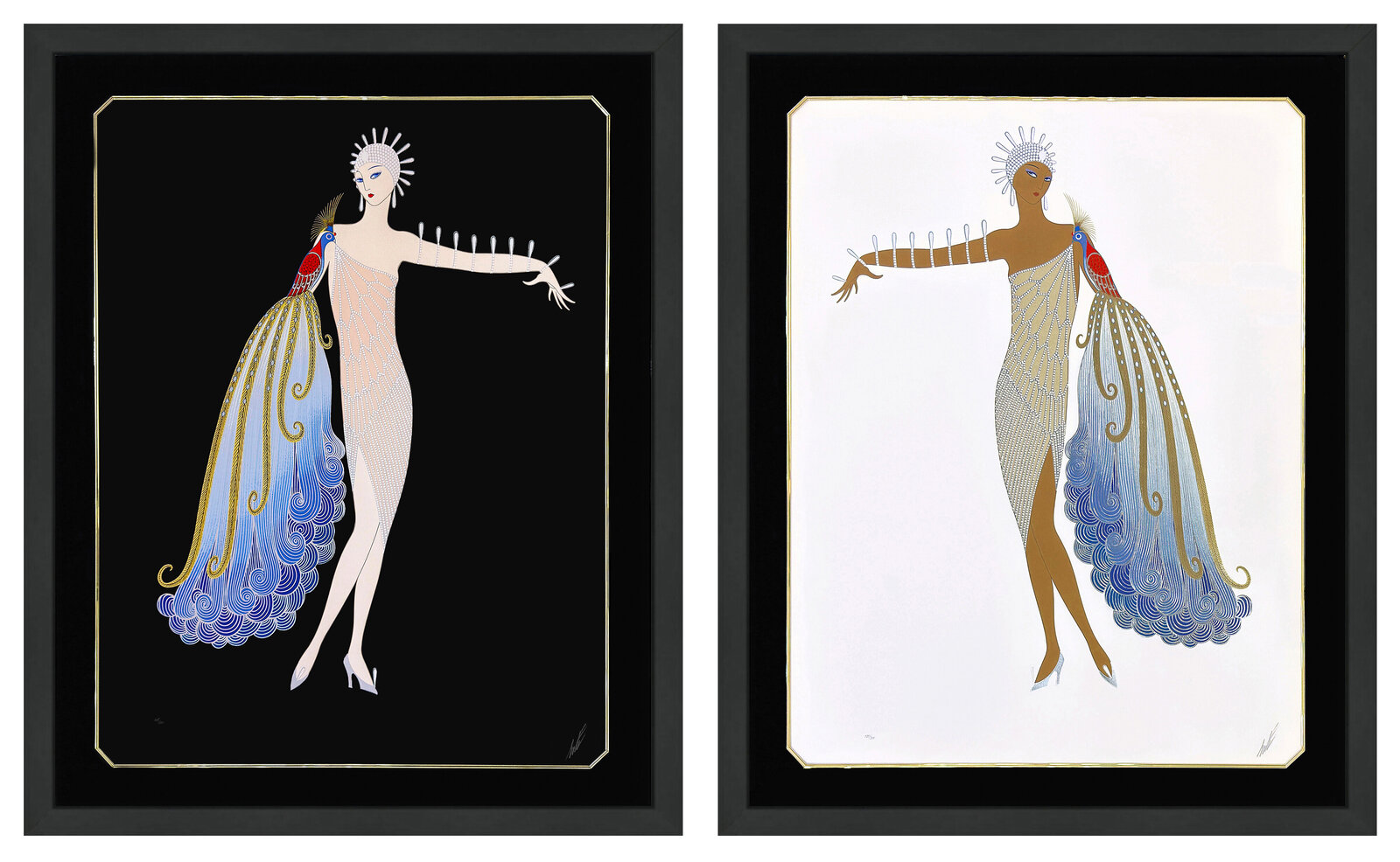 A pair of framed prints featuring stylized figures in elegant dresses with peacock-feather motifs.