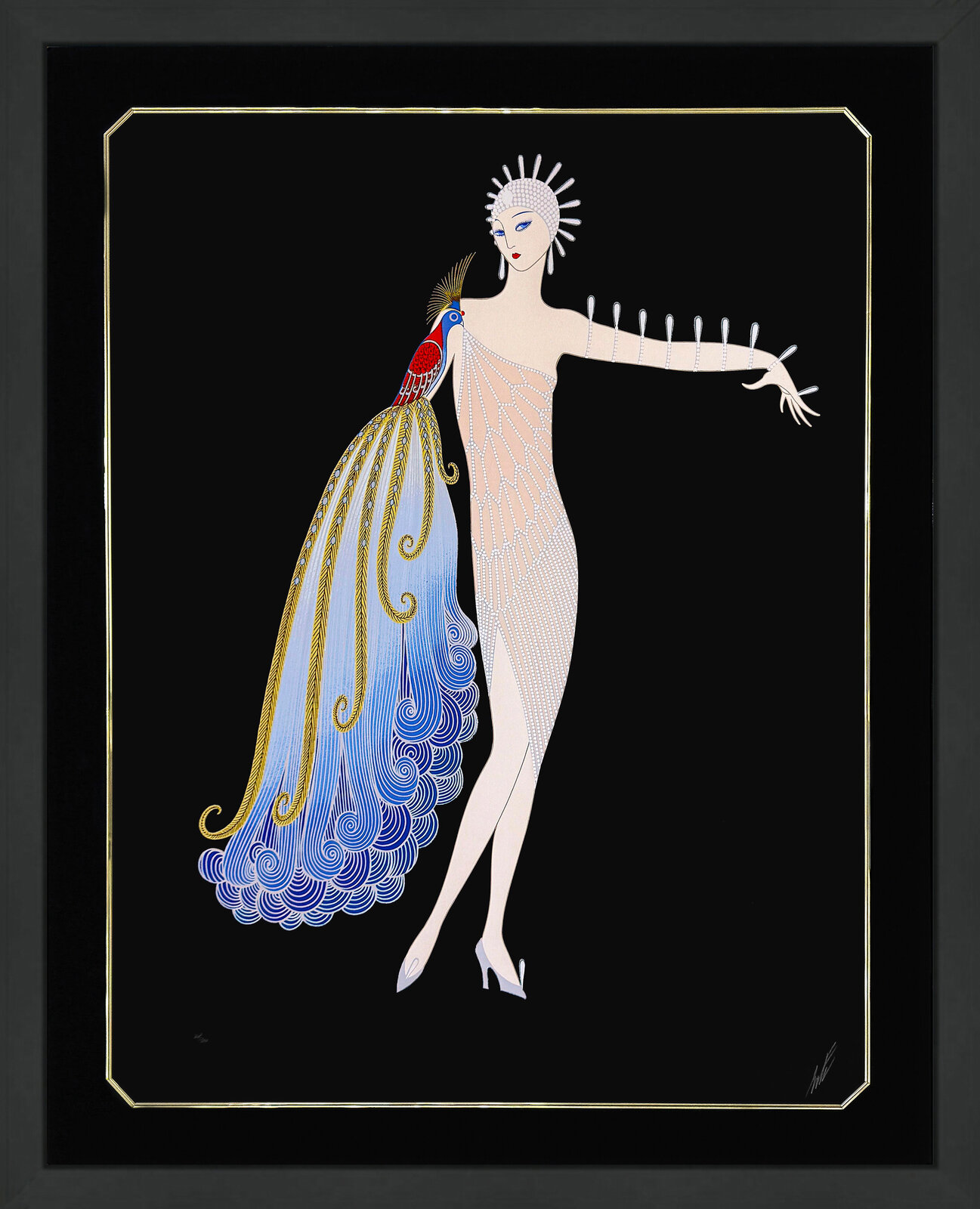 A pair of framed prints featuring stylized figures in elegant dresses with peacock-feather motifs.