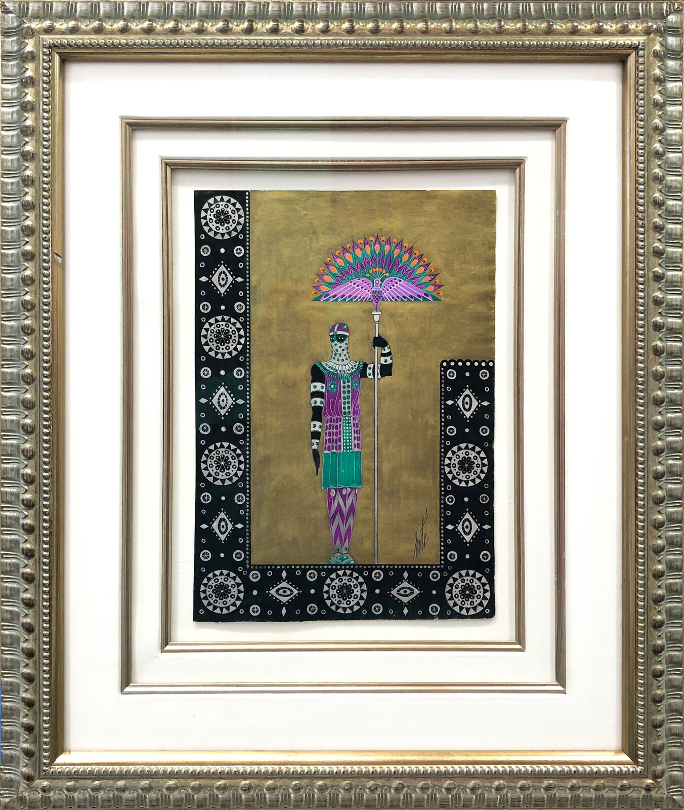 A painting of a woman holding an umbrella in a gold frame.
