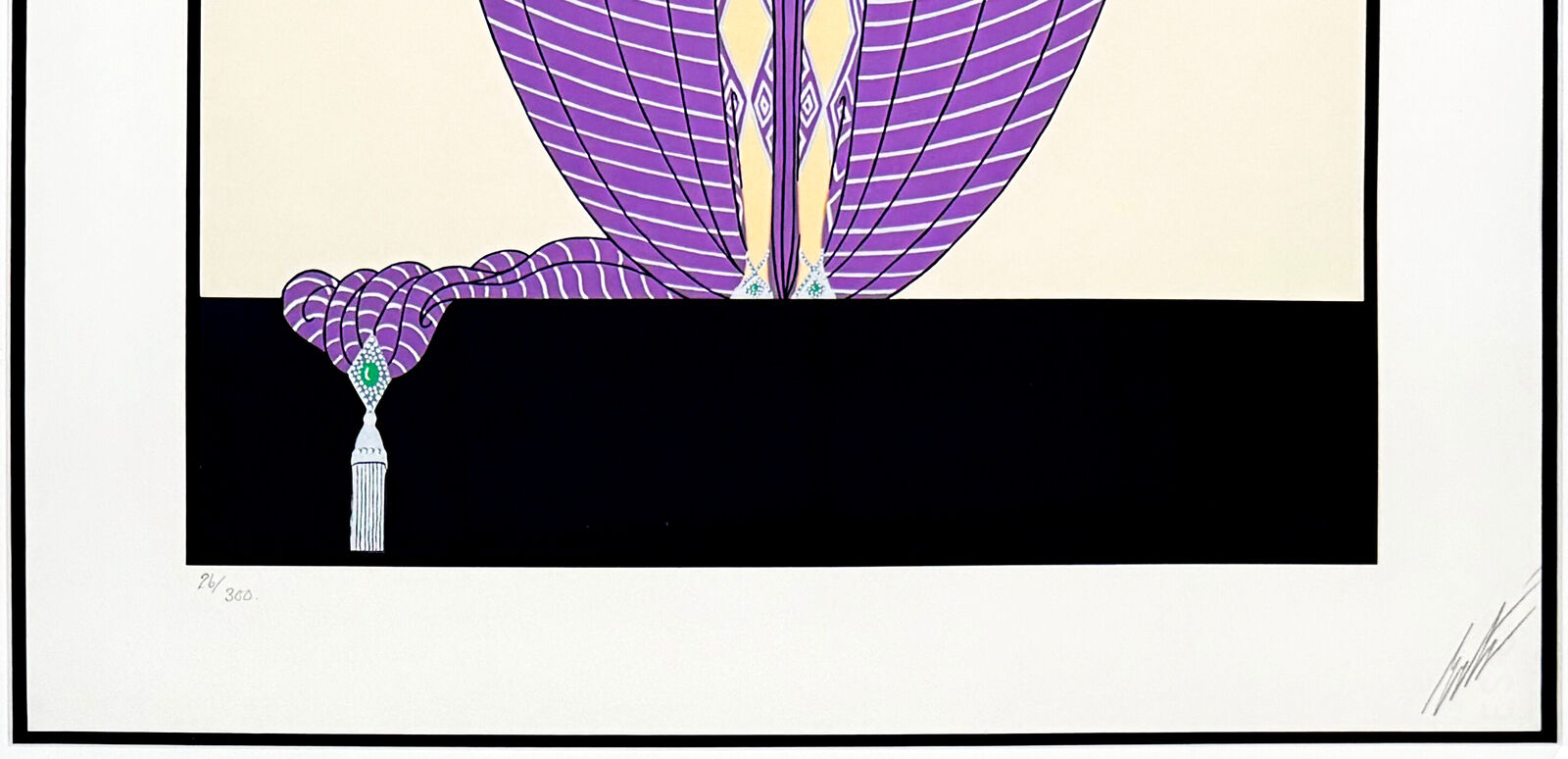 A framed picture of a woman in a purple dress.