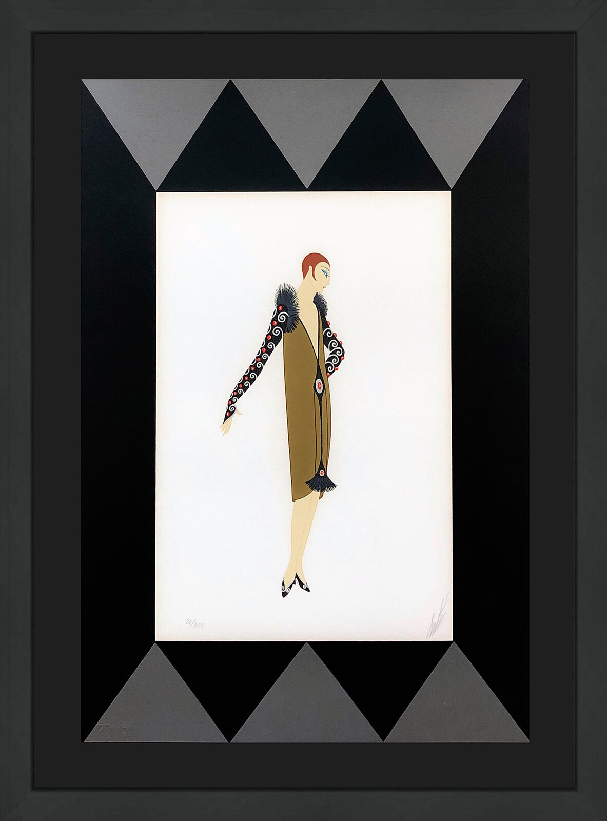 A stylized fashion illustration of a figure in a brown dress against a geometric black and grey background.