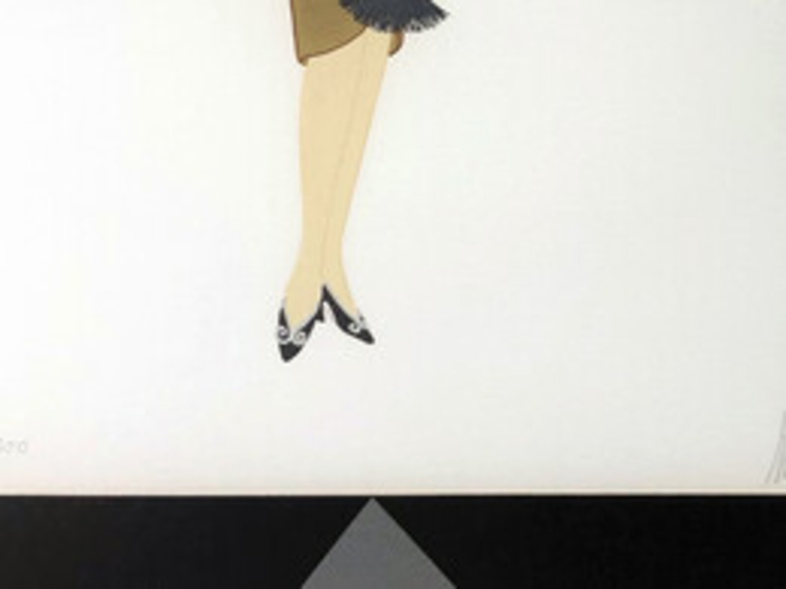 A stylized fashion illustration of a figure in a brown dress against a geometric black and grey background.