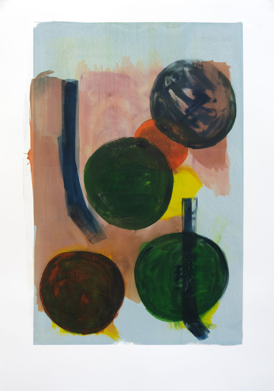 A painting of three green and orange spheres on a blue background.