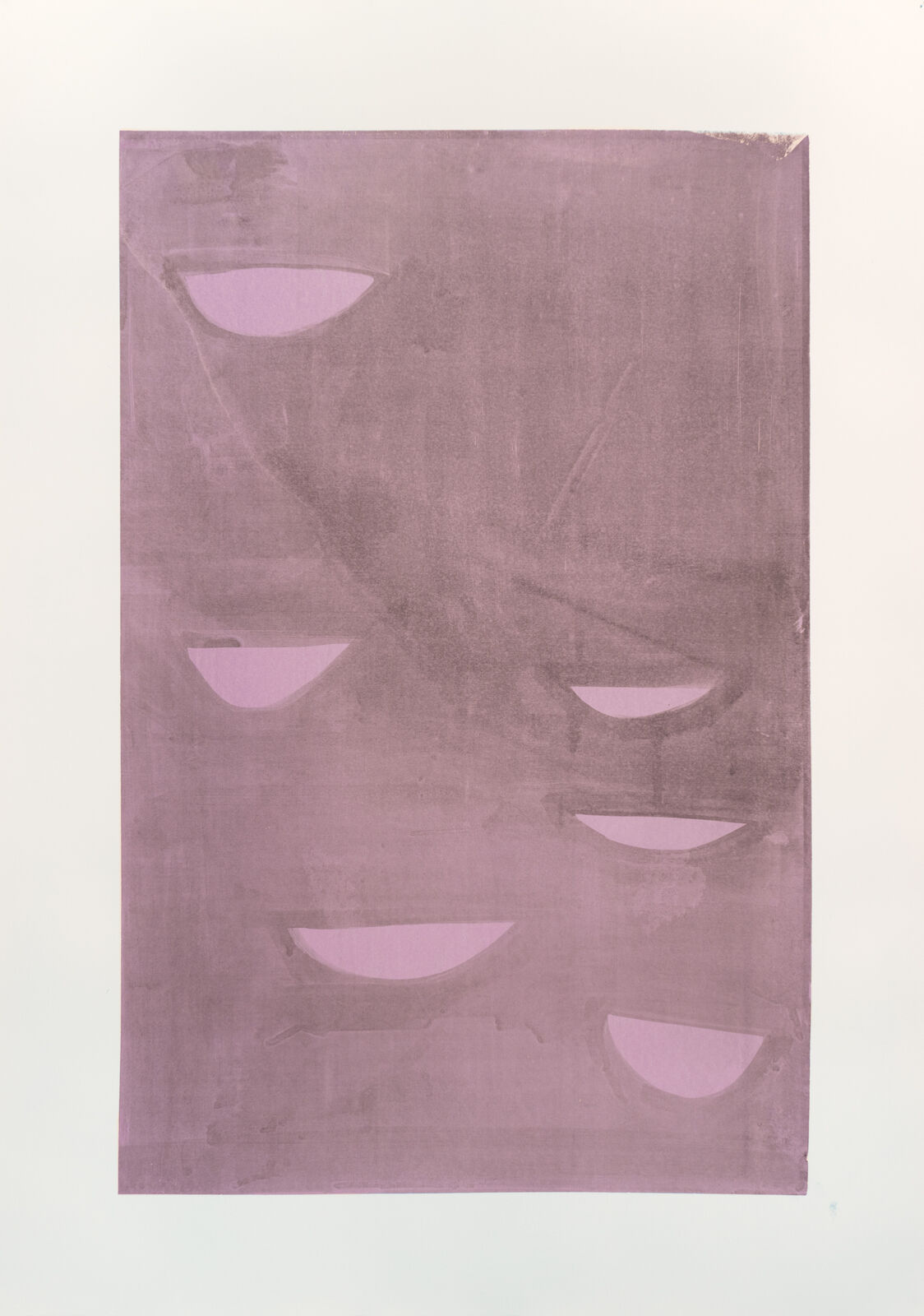 A pink and purple painting on a white wall.
