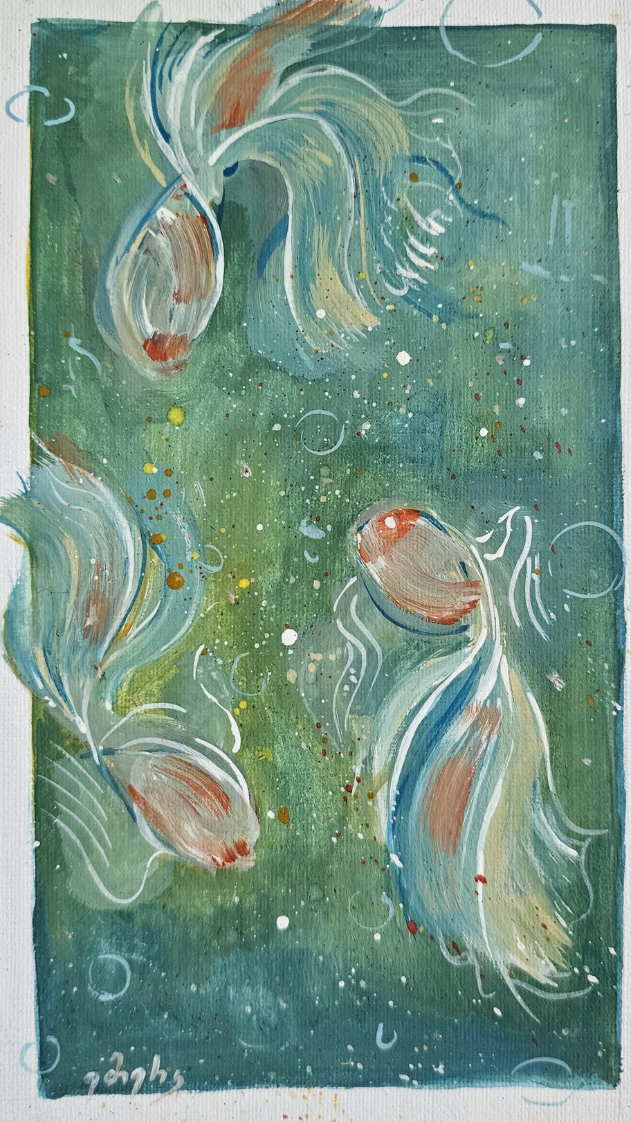 A painting of two goldfish swimming in the water.