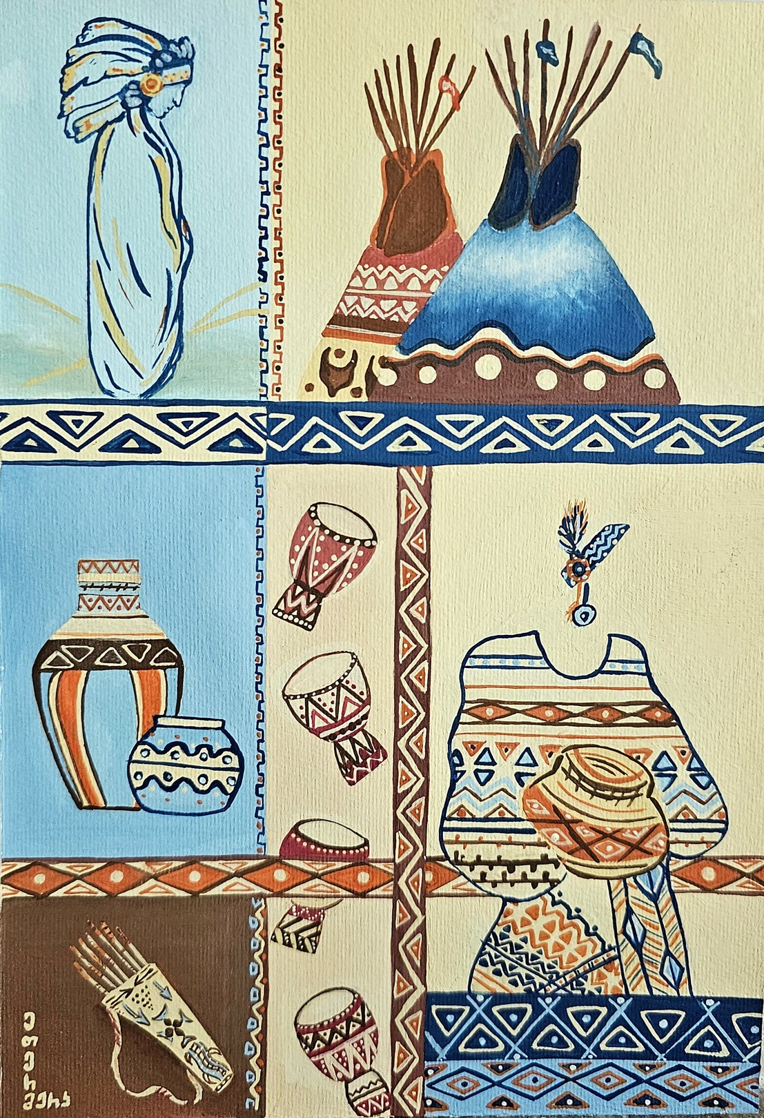 A painting of a group of native american items on a table.