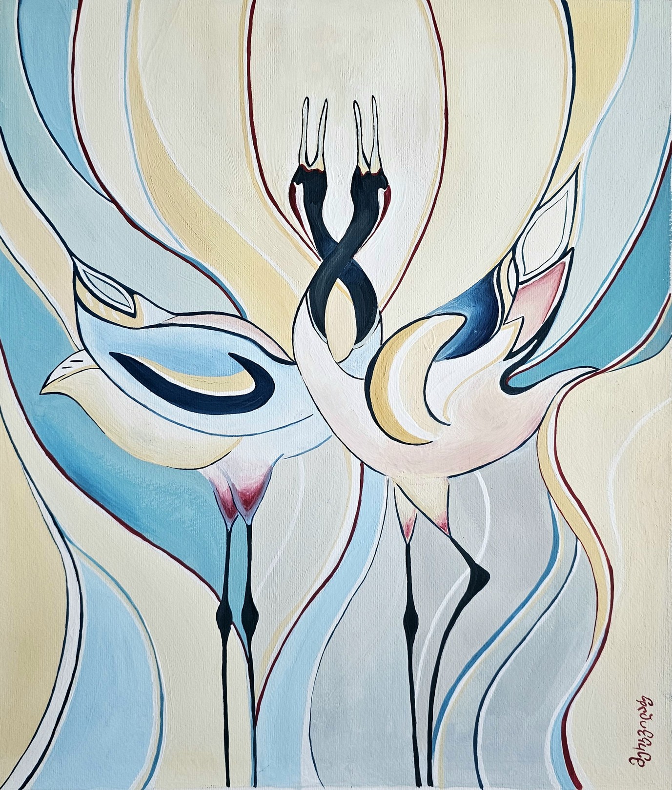 A painting of two birds standing next to each other.